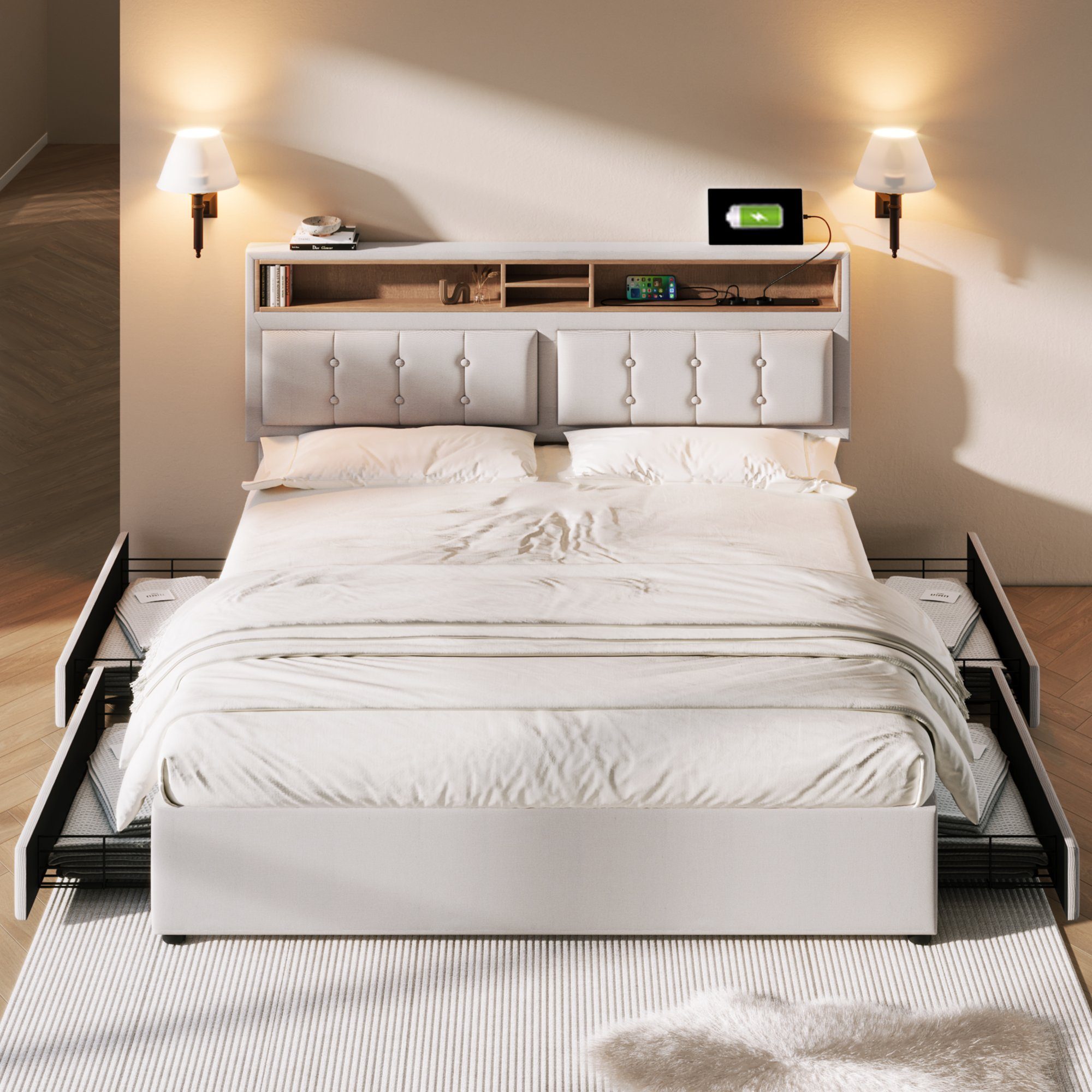 Polsterbett (Doppelbett mit Lattenrost und 4 Schubladen), Stauraumbett 140x200cm mit USB Typ C Ladefunktion Kopfteil, Leinen