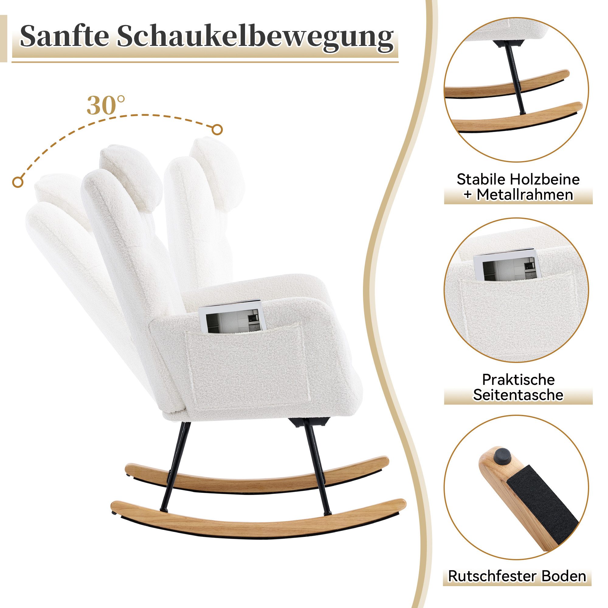 i@home Schaukelstuhl Lesesessel, Stillsessel, Pflegestuhl, mit ausklappbarer Fußablage, mit Seitentaschen und Kopfkissen, Weiß