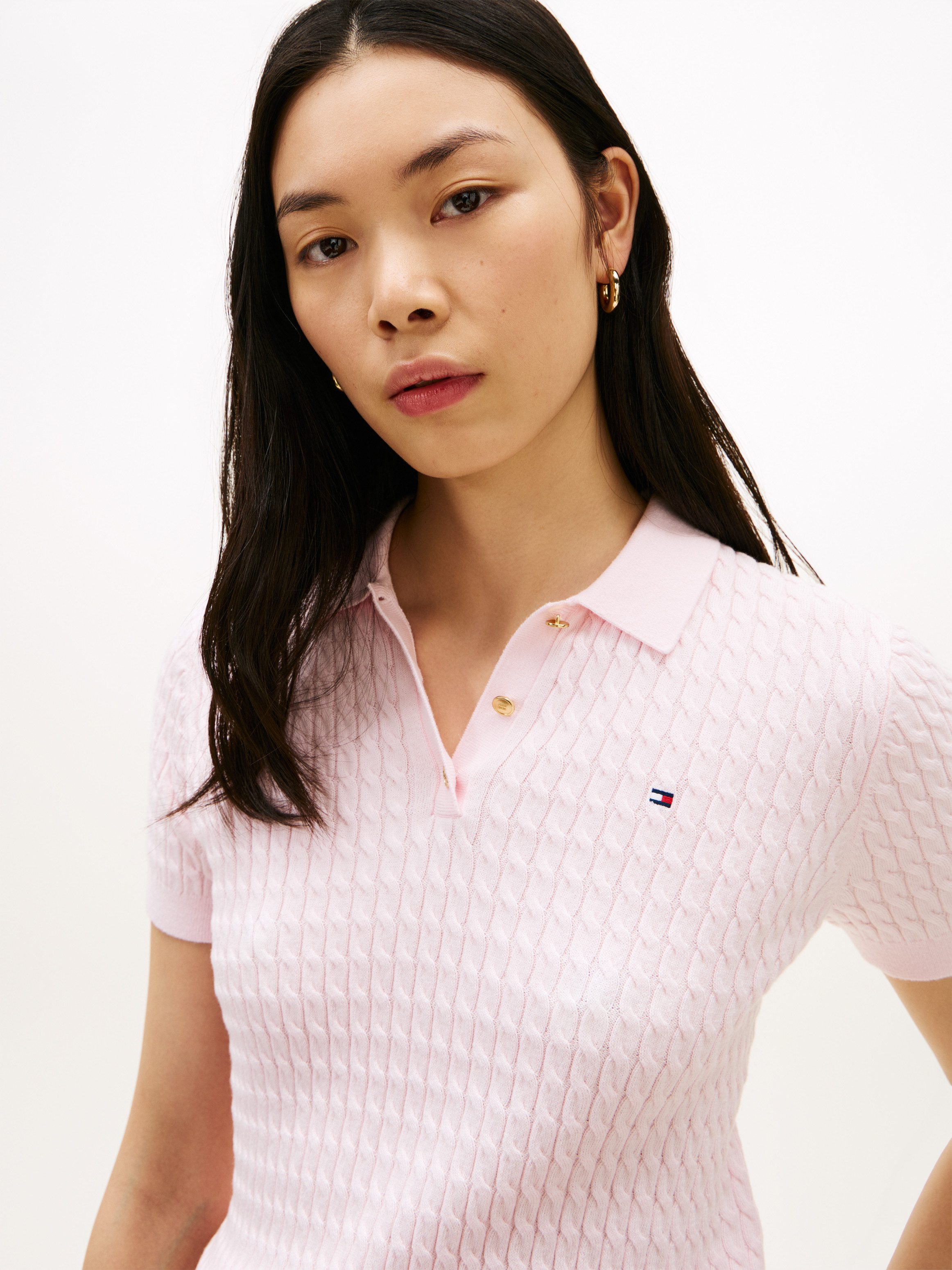 Tommy Hilfiger Poloshirt CO CABLE POLO-NK SS SWEATER mit Zopfmuster, Regular Fit