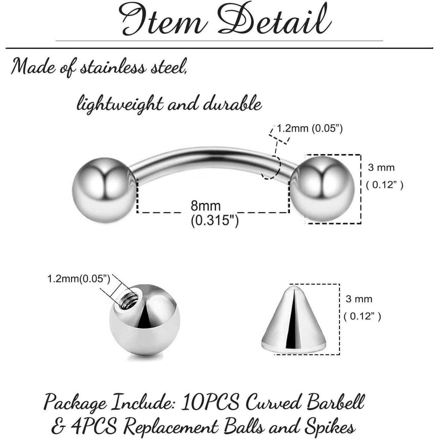 Besyvvin Augenbrauenpiercing 10stk Curved Barbell Piercing Set 1,2mm Silber Schwarz Gold 6-12mm