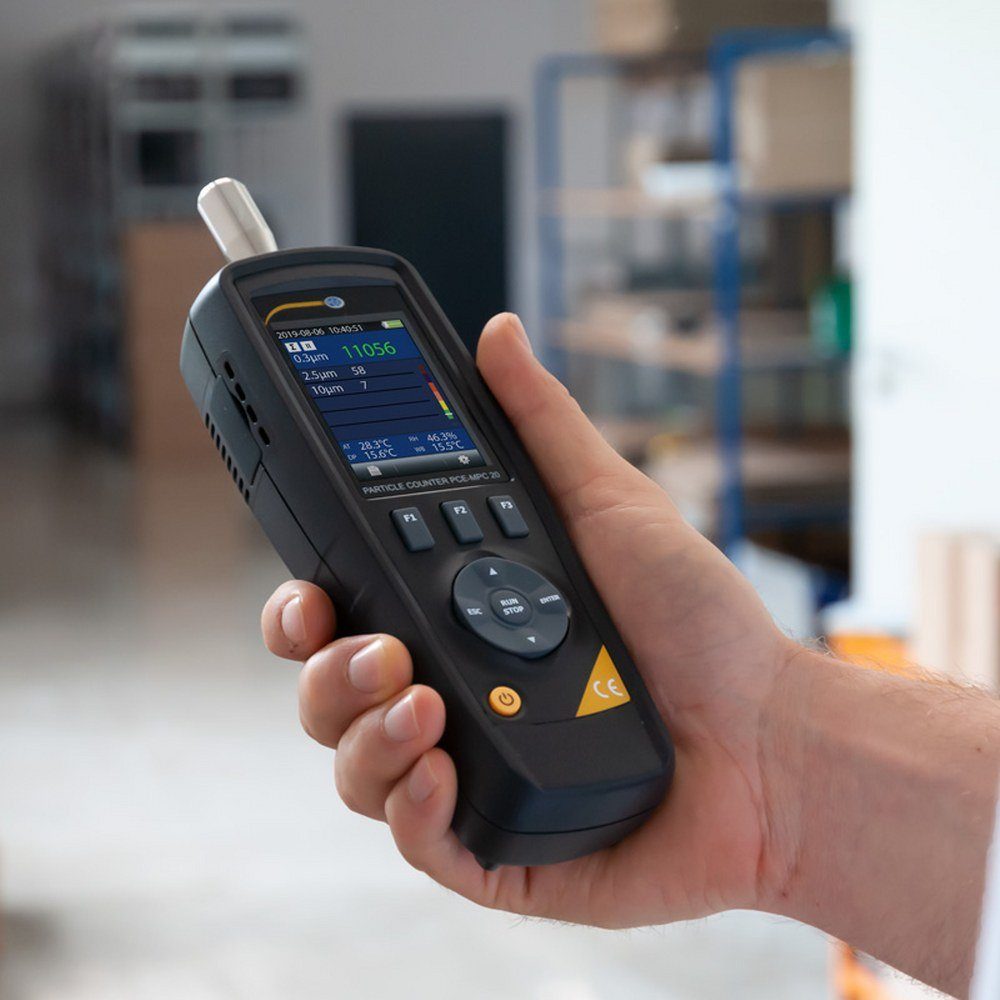 PCE Instruments Sensor Partikelzähler Temperatur Datenlogger Luftfeuchte Staubmessgerät, (Im praktischen Hartschalenkoffer), Datenspeicher, USB Schnittstelle, Alarmfunktion