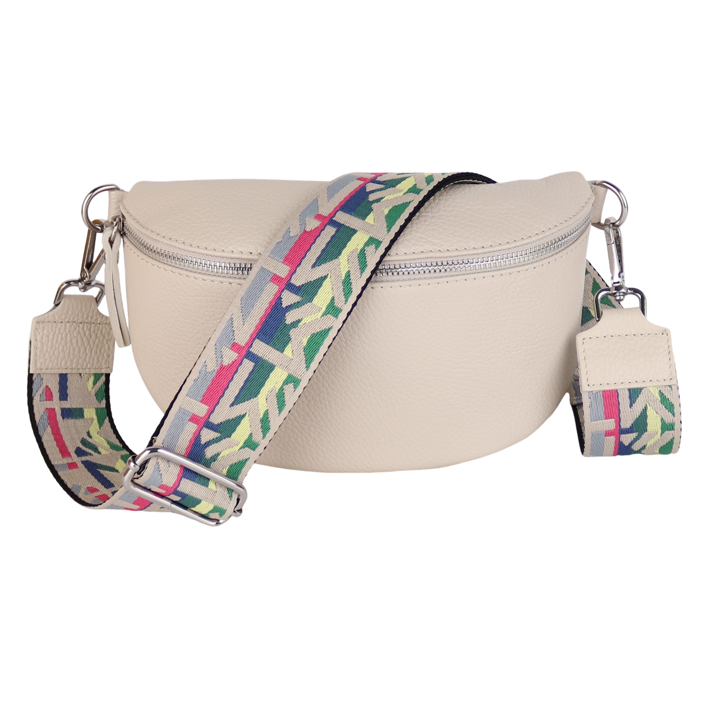 MIRROSI Bauchtasche Damen, Echtleder, Leder, Made in Italy, Umhängetasche, Brusttasche, (Schultertasche für jeden Anlass (1 Tasche & 2 Gurte), 3 Größen auswählbar), Crossbody Bag, Beige,Weiß, gemusterten& verstellbaren Schulterriemen