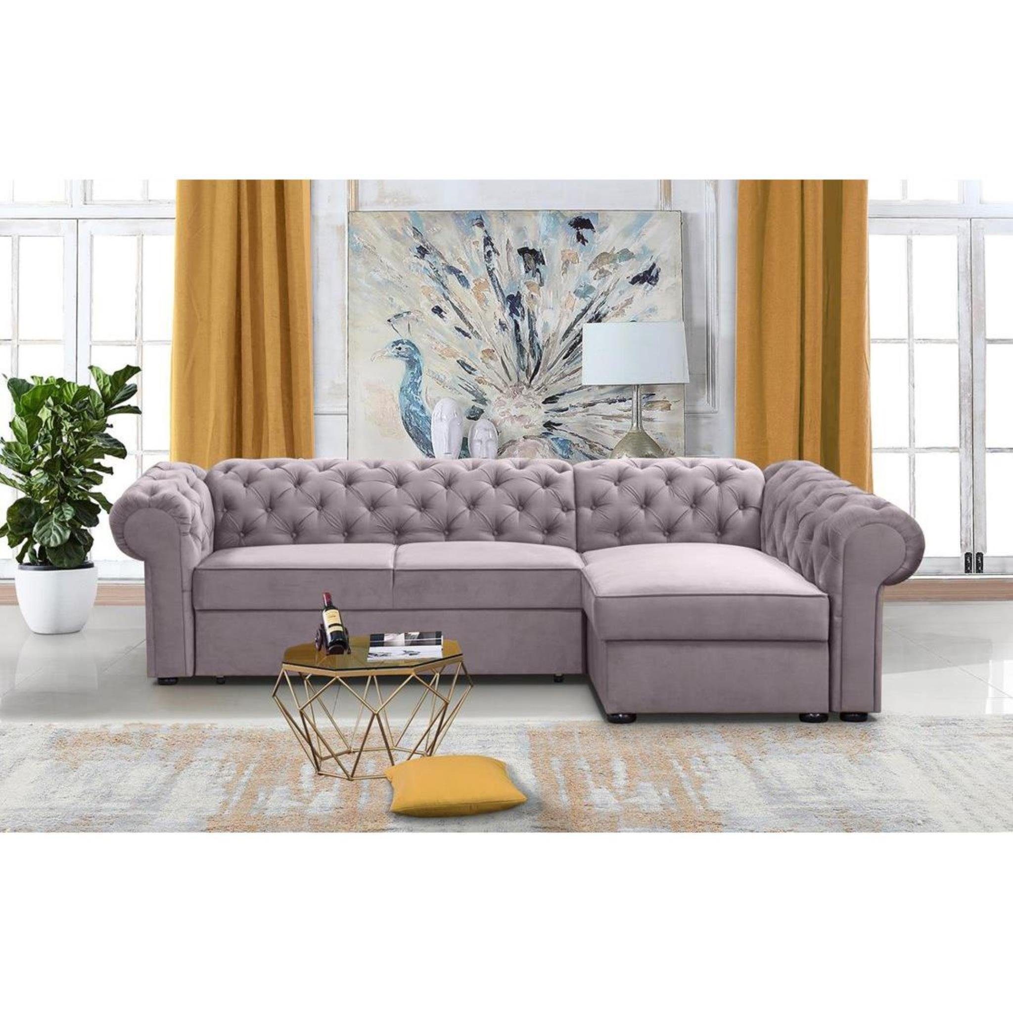 Beautysofa Ecksofa Chester L – Elegantes Chesterfield‑Ecksofa aus Velours, Polsterecke mit Bettkasten & Schlaffunktion, Liegefläche: 124x209 cm Polsterecke mit Bettkasten & Schlaffunktion