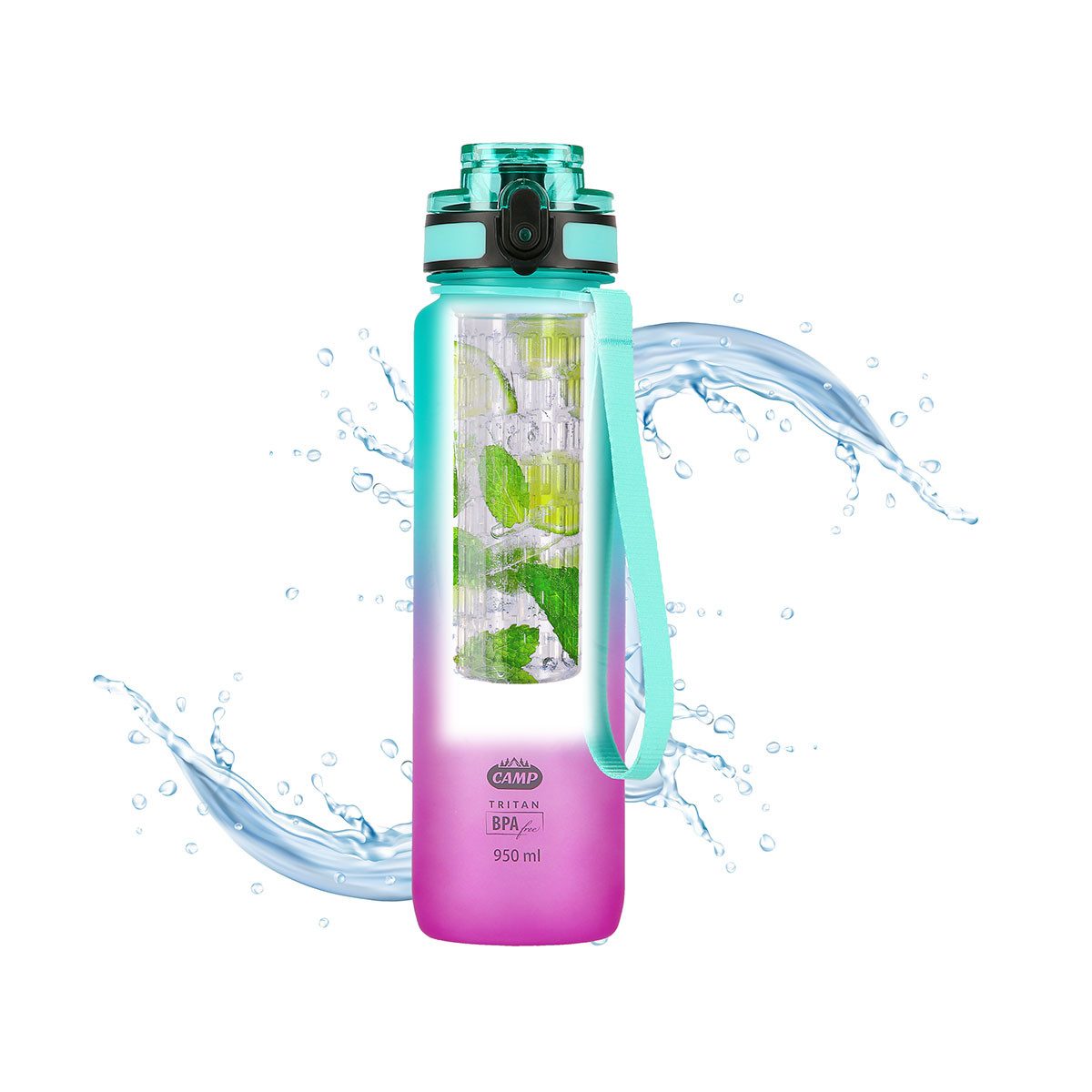 NILS CAMP Trinkflasche Tritan Sportflasche Wasserflasche Outdoorflasche 950ml Camping, ergonomische Form + innerer Behälter für Früchte