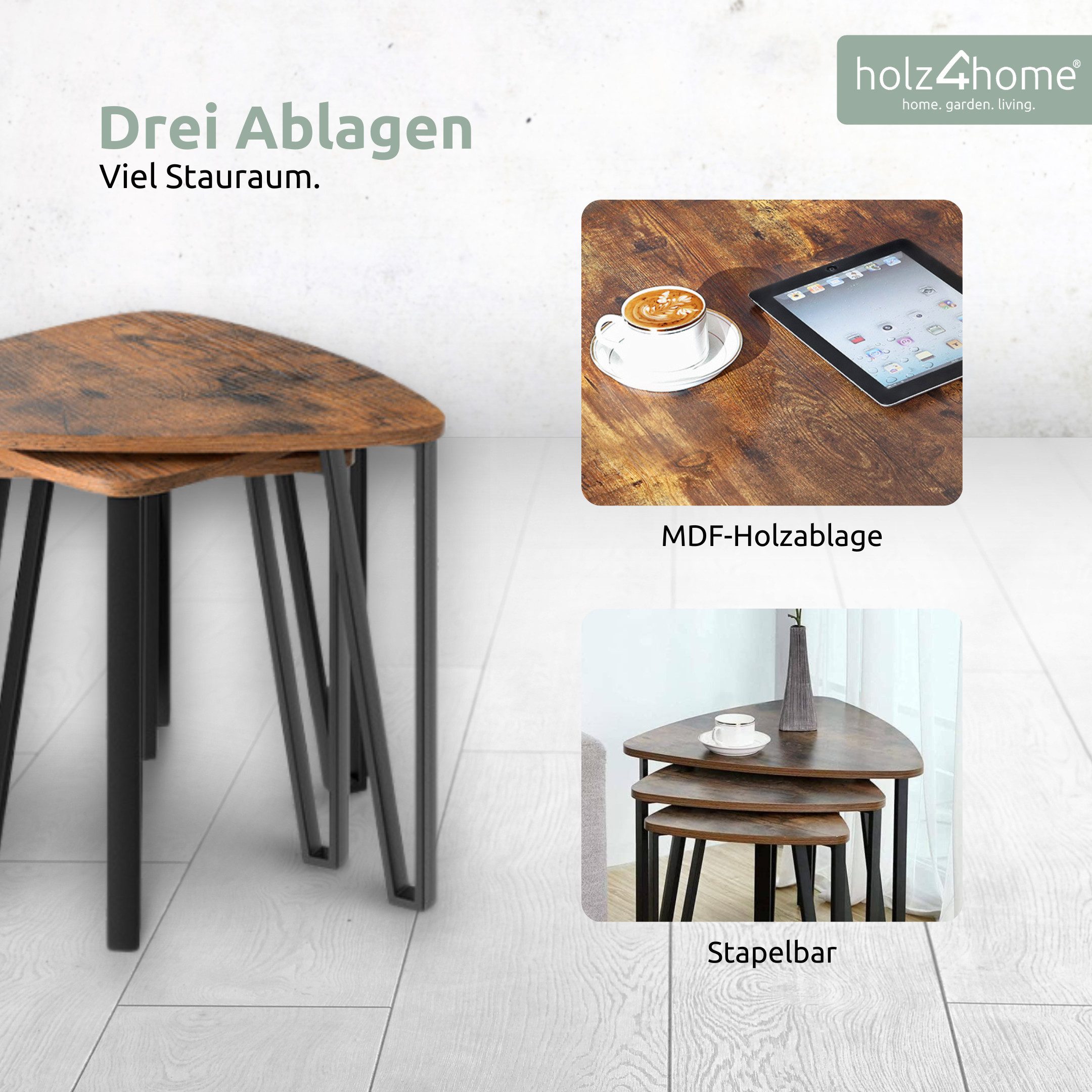 holz4home® Couchtisch Radon 3er Set Beistelltische Wohnzimmertisch I Industrial-Look (Kombinierbar), Einfache Montage