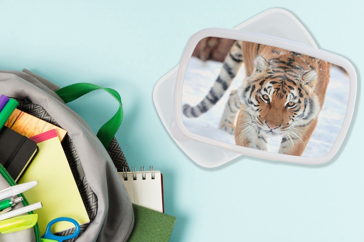 Tiger Mädchen - Kinder MuchoWow Tiere, für - und und (2-tlg), Schnee weiß Brotbox für Erwachsene, Brotdose, Jungs Kunststoff, Lunchbox