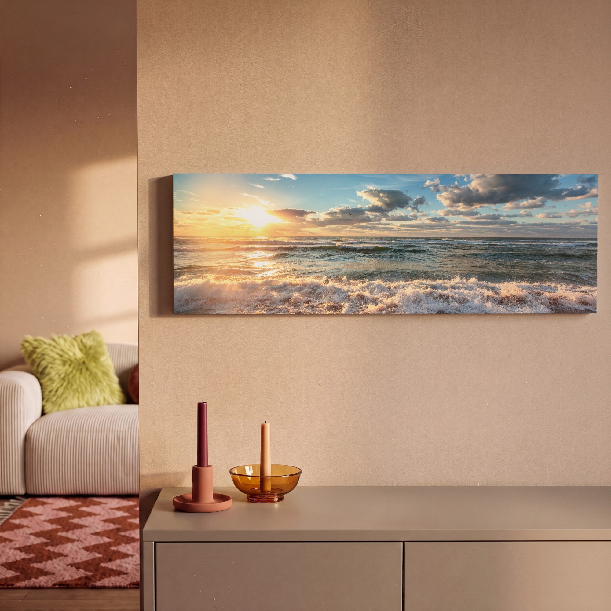 OneMillionCanvasses® Leinwandbild Panorama Strand - Meer - Sonnenuntergang, Fotodruck (1 St), Wandbild, Deko Schlafzimmer Wohnzimmer Flur 60x20 cm – Bild 2 von 5