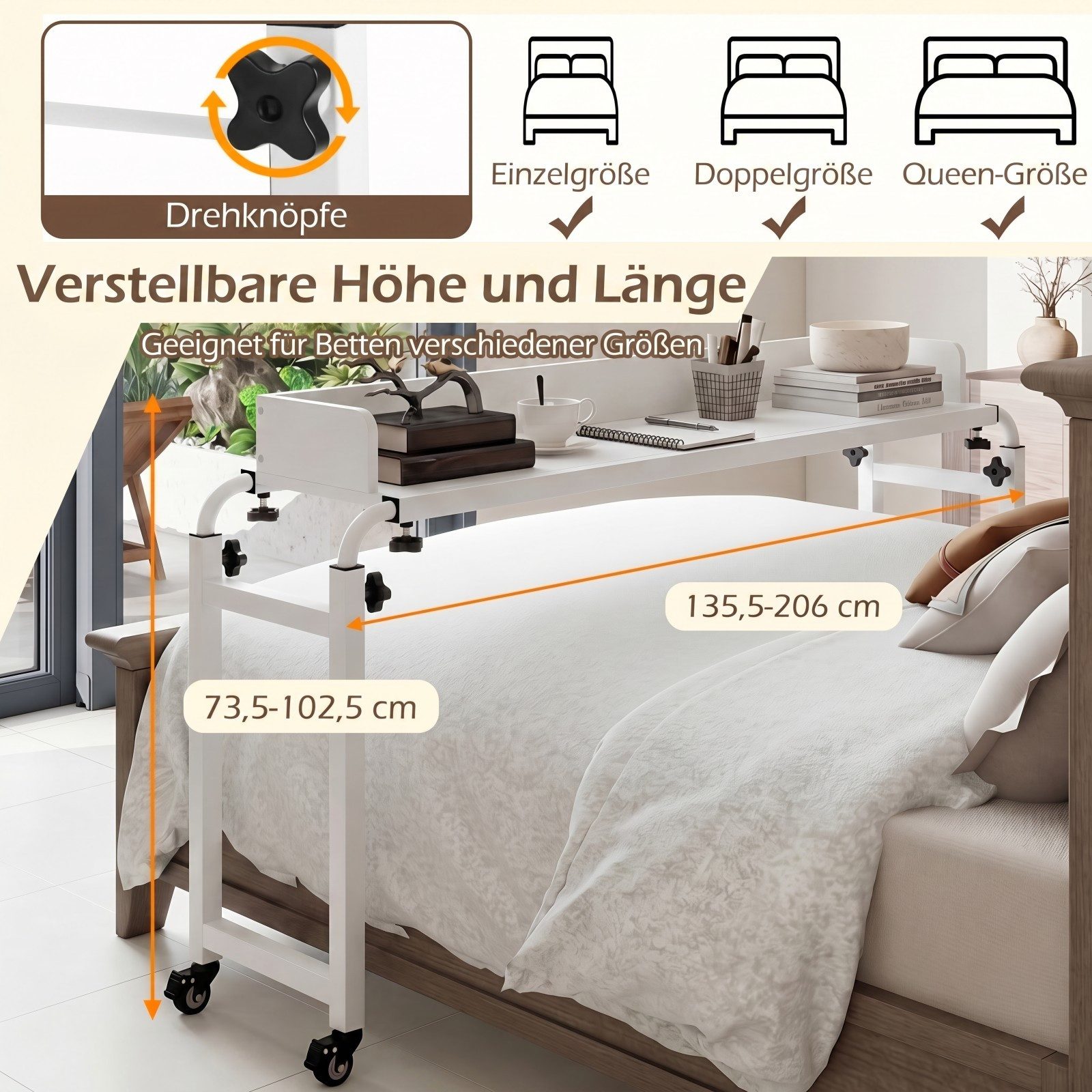 COSTWAY Schreibtisch, Überbetttisch mit Rollen, verstellbarer Höhe & Länge