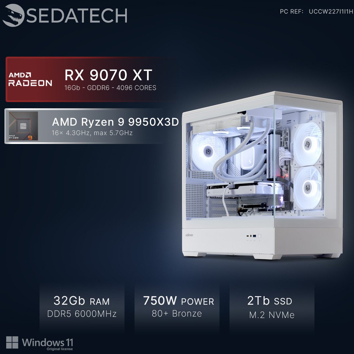 Sedatech UCCW227I1I1HF - Watercooling Gaming-PC (AMD Ryzen 9 9950X3D 16x 4.3GHz (max 5.7GHz), Radeon RX 9070 XT White 16GB, 32 GB RAM, 2000 GB SSD, Watercooling, Wlan 6E)