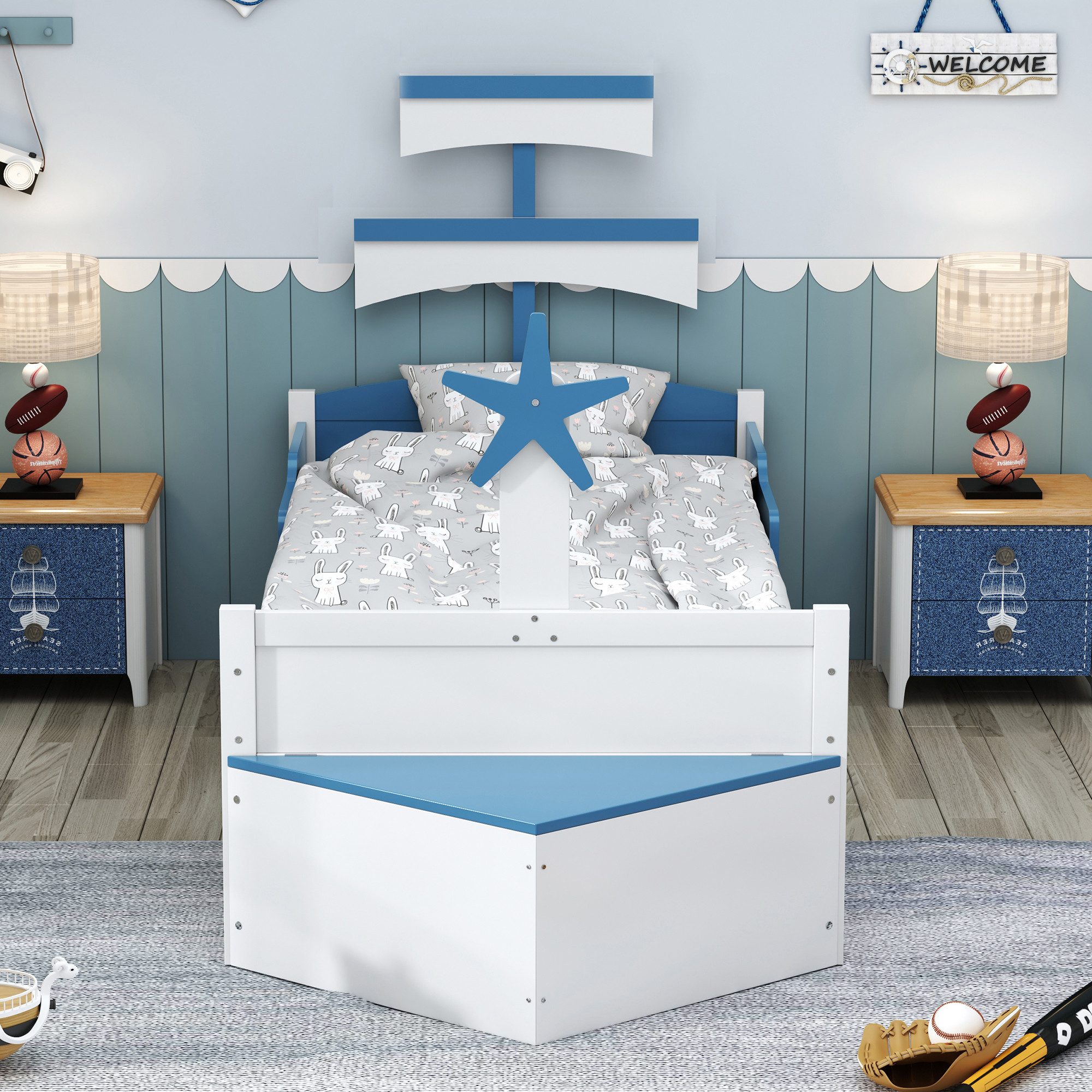 OKWISH Kinderbett Holz-Einzelbett in Segelbootform, Funktionsbett günstig online kaufen