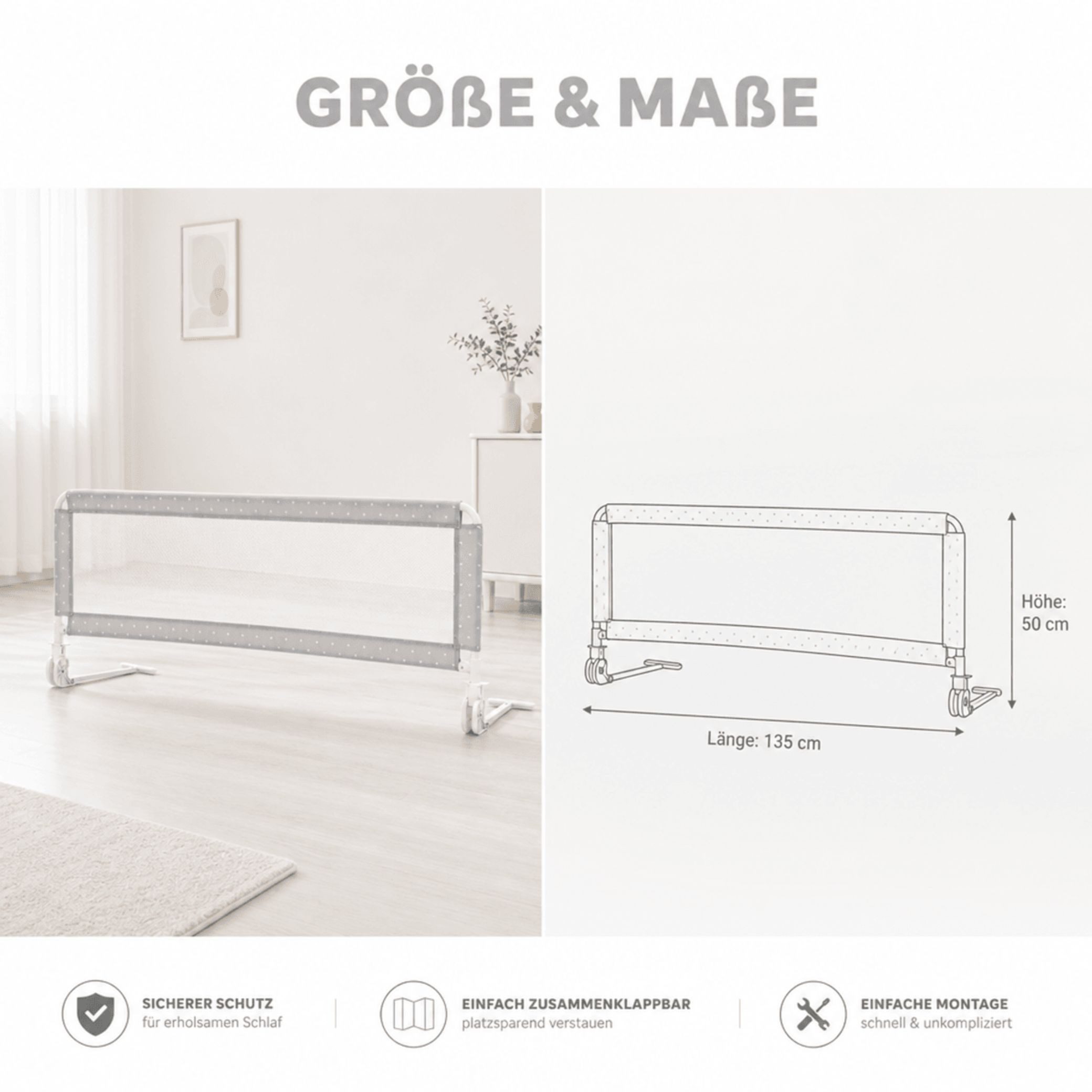 Fillikid Treppenschutzgitter Bettgitter Exklusiv 135 x 50 cm für Standard- und Boxspringbetten