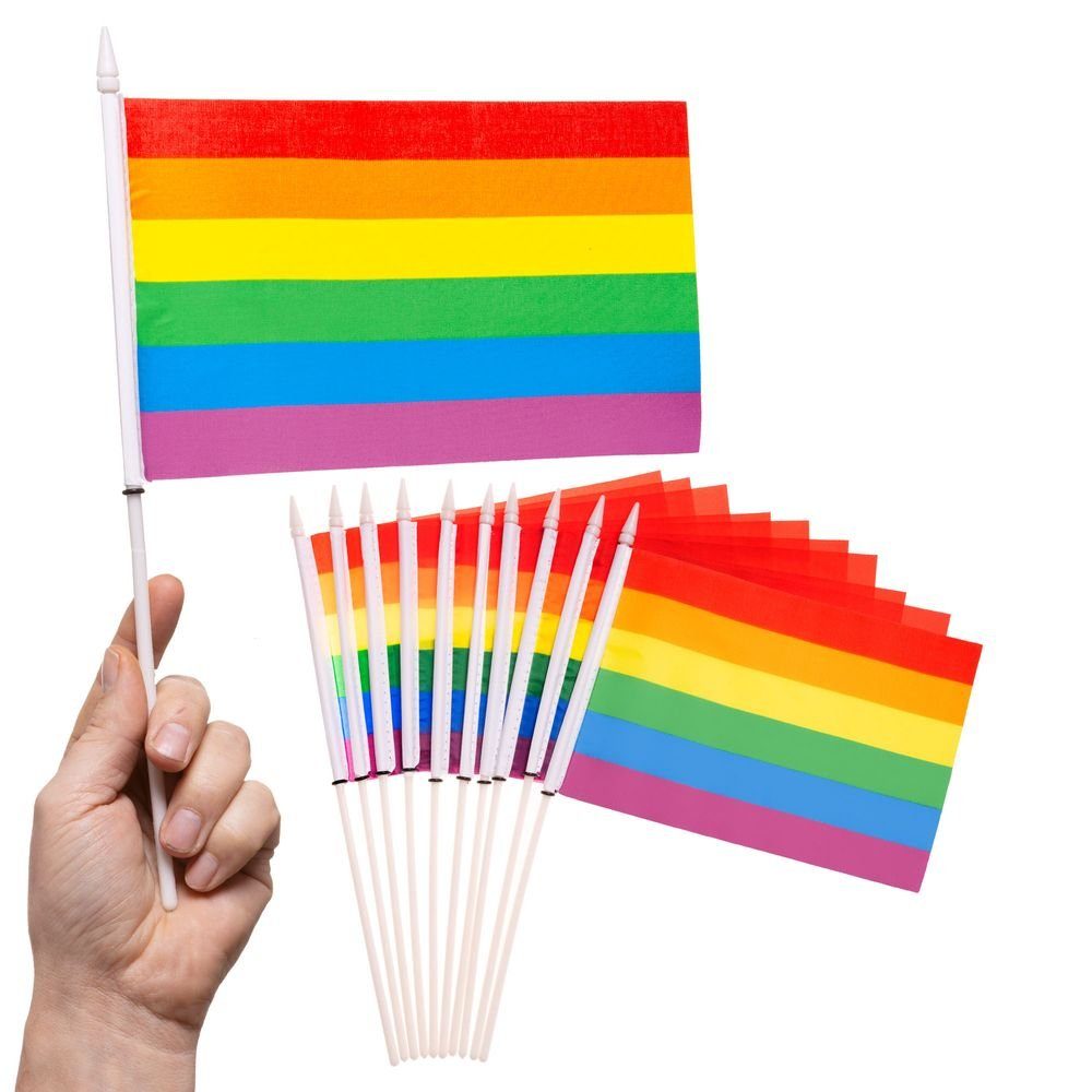 Regenbogen Handfahne Deko), PHENO mit Stab Flaggen (10er zur FLAGS Stockfahne Flagge Handflagge Set Fähnchen