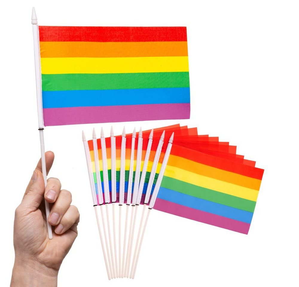 PHENO FLAGS Flagge Handfahne Regenbogen Fähnchen Stockfahne Handflagge (10er Set zur Deko), Flaggen mit Stab