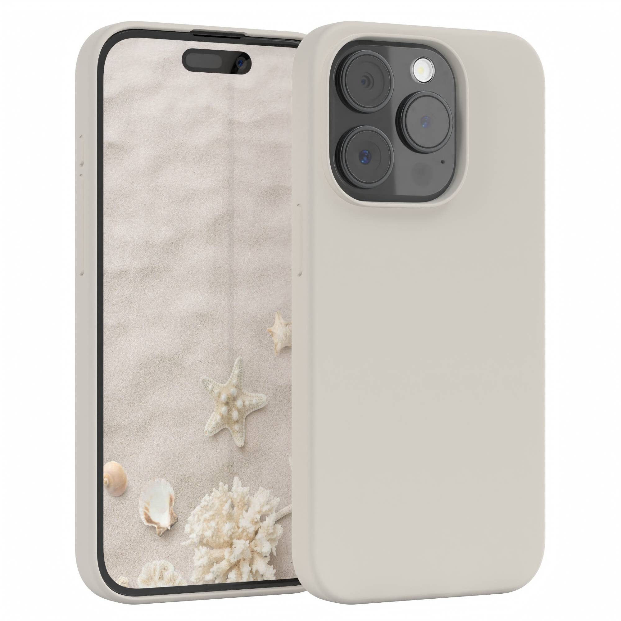 EAZY CASE Handyhülle Premium Silikon Case für Apple iPhone 15 Pro 6,1 Zoll, Hülle Silikon mit Displayschutz Handy Softcase Slimcover Taupe / Beige