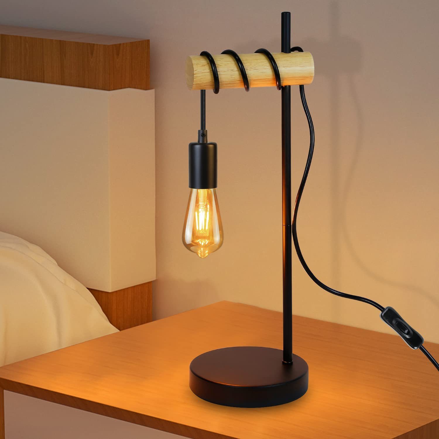 Kabelschalter Schlafzimmer, für Nettlife Holz Industriestahl LED Schreibtischlampe und Retro E27-max25W Wohnzimmer wechselbar,