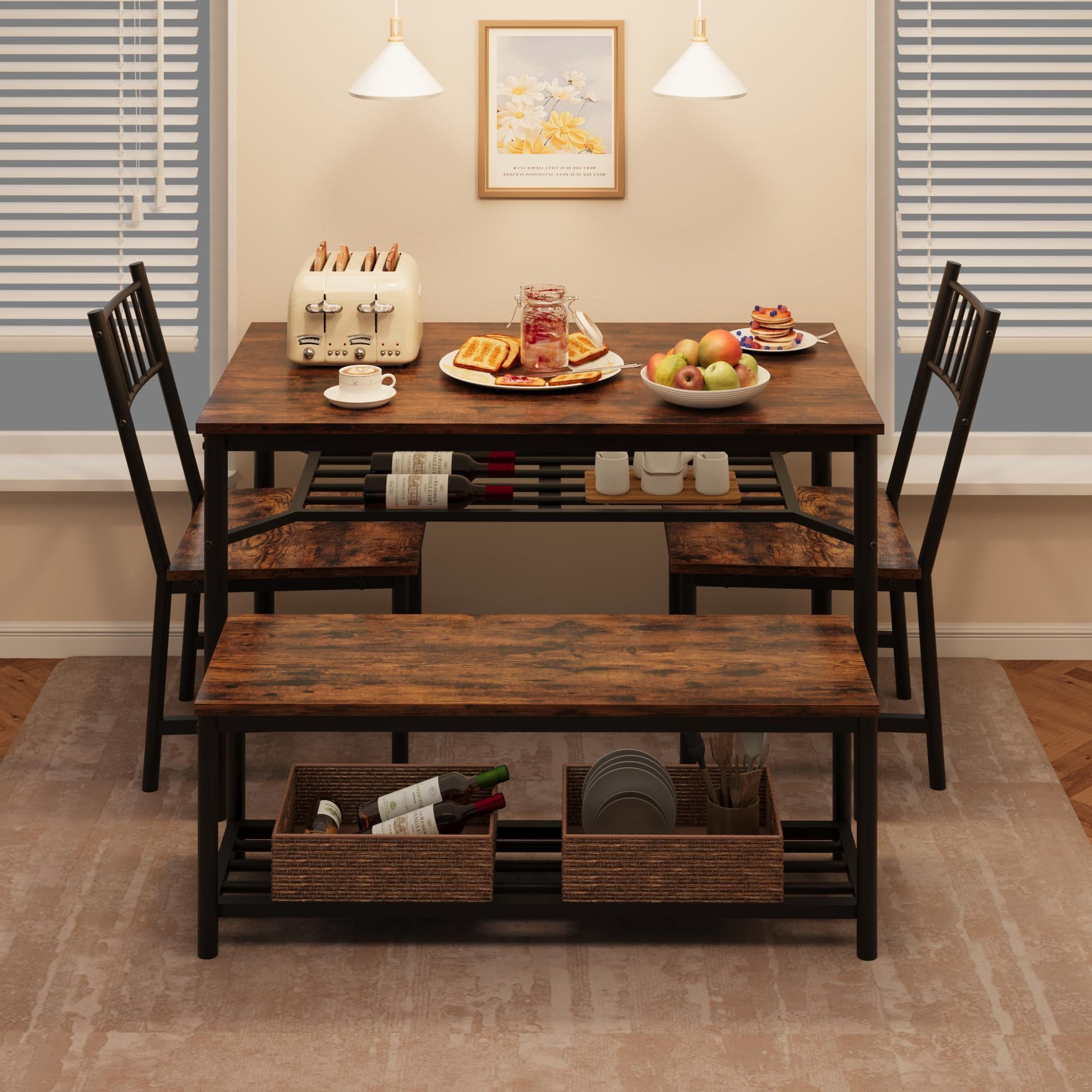 GarveeMore Essgruppe 4 Personen Esstisch Aufbewahrungsbank und 2 Stühlen Sitzgruppe Robust, Tisch: 70 x 120 x 80 cm Stuhl: 39 x 40 x 92 cm Bank: 30 x 105 x 45 cm