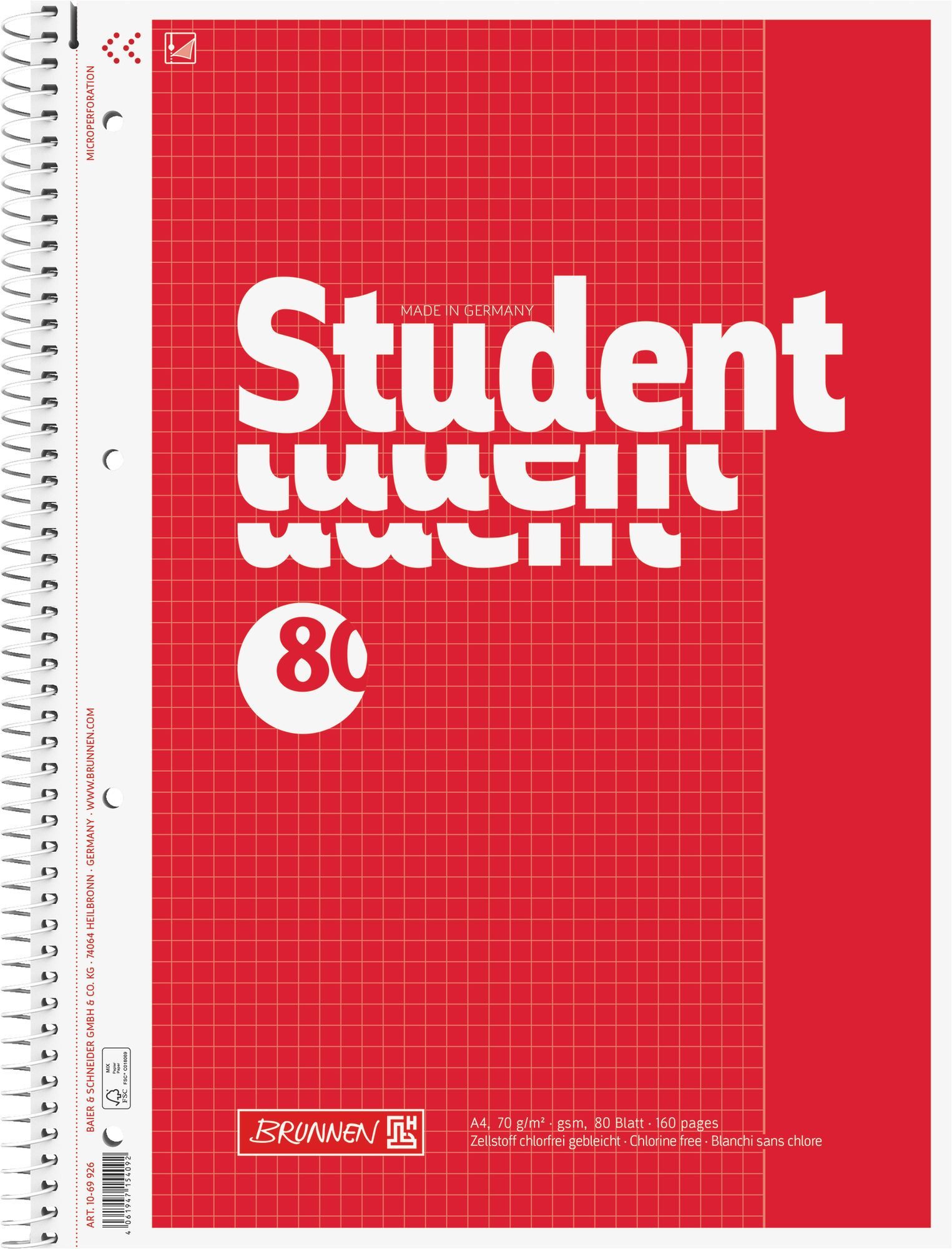 Baier & Schneider Collegeblock Collegeblock Student A4 80 Blatt kariert rot
