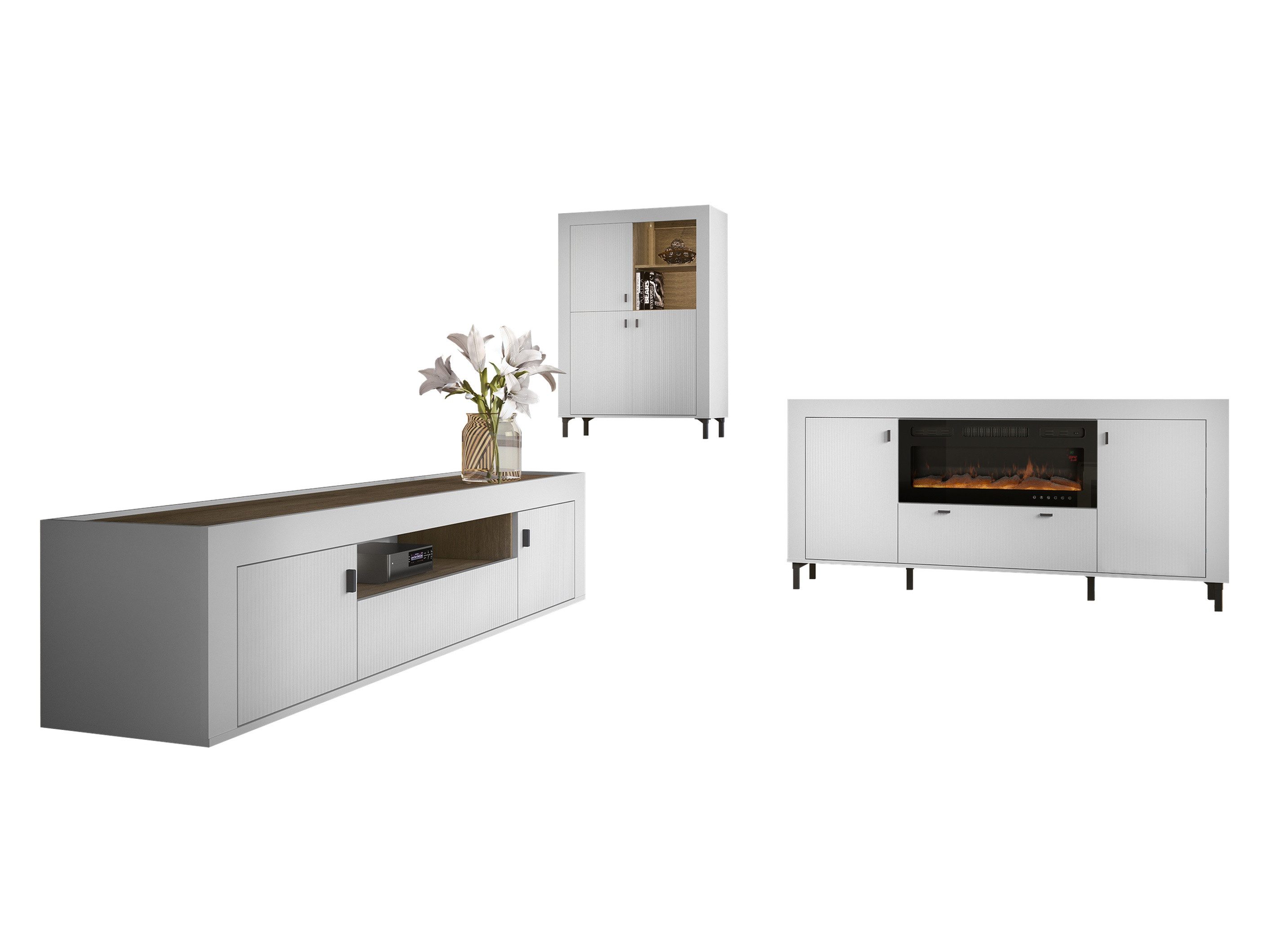 MIRJAN24 Wohnzimmer-Set Mossa IV, (4er-Set, Vitrine, Kommode, TV-Lowboard mit Kamin, Couchtisch), Realistische LED-Flamme