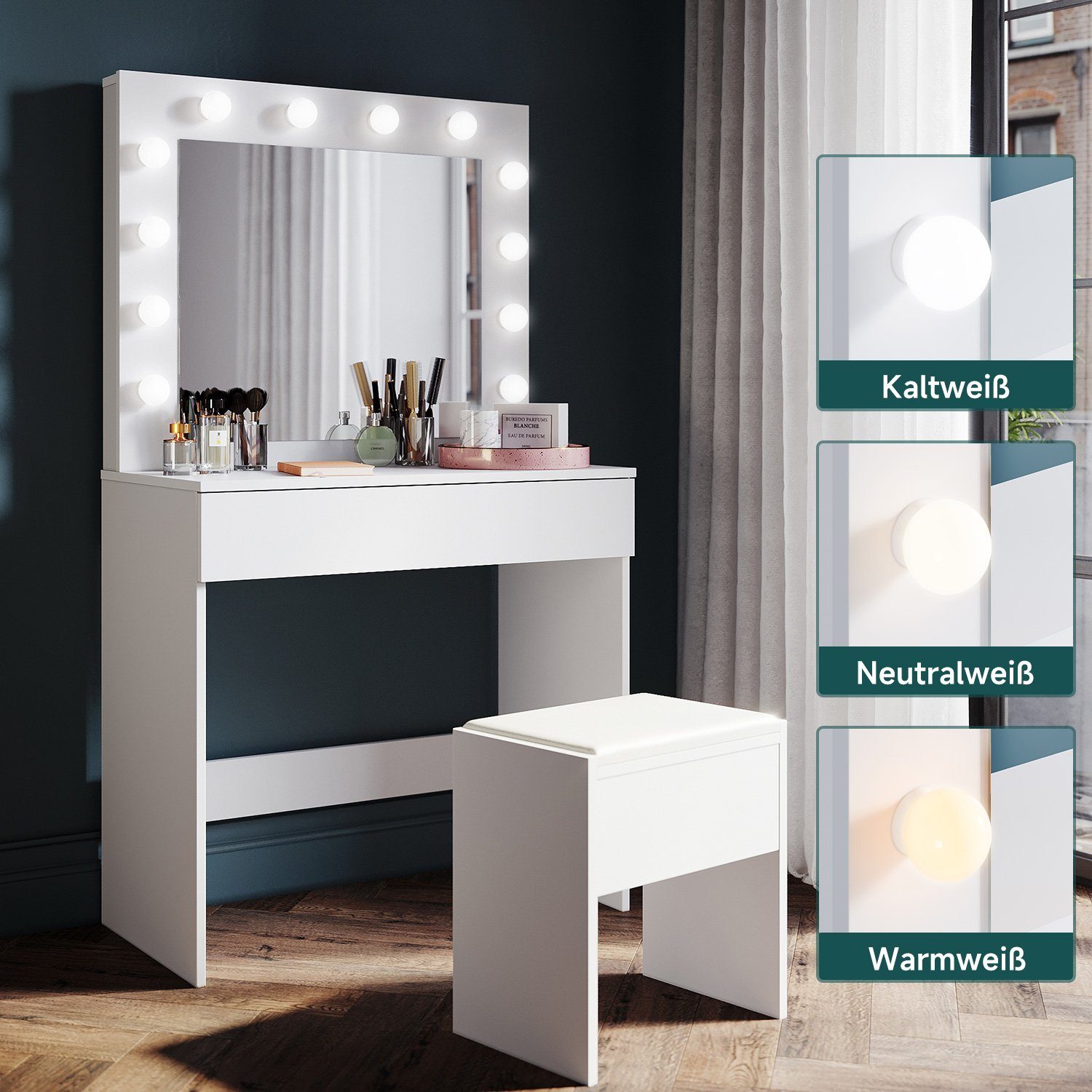 SONNI Schminktisch Moderne schwarze Schminktische, mit Spiegel, Hocker, Schublade,Kosmetiktisch,3 Lichtmodi