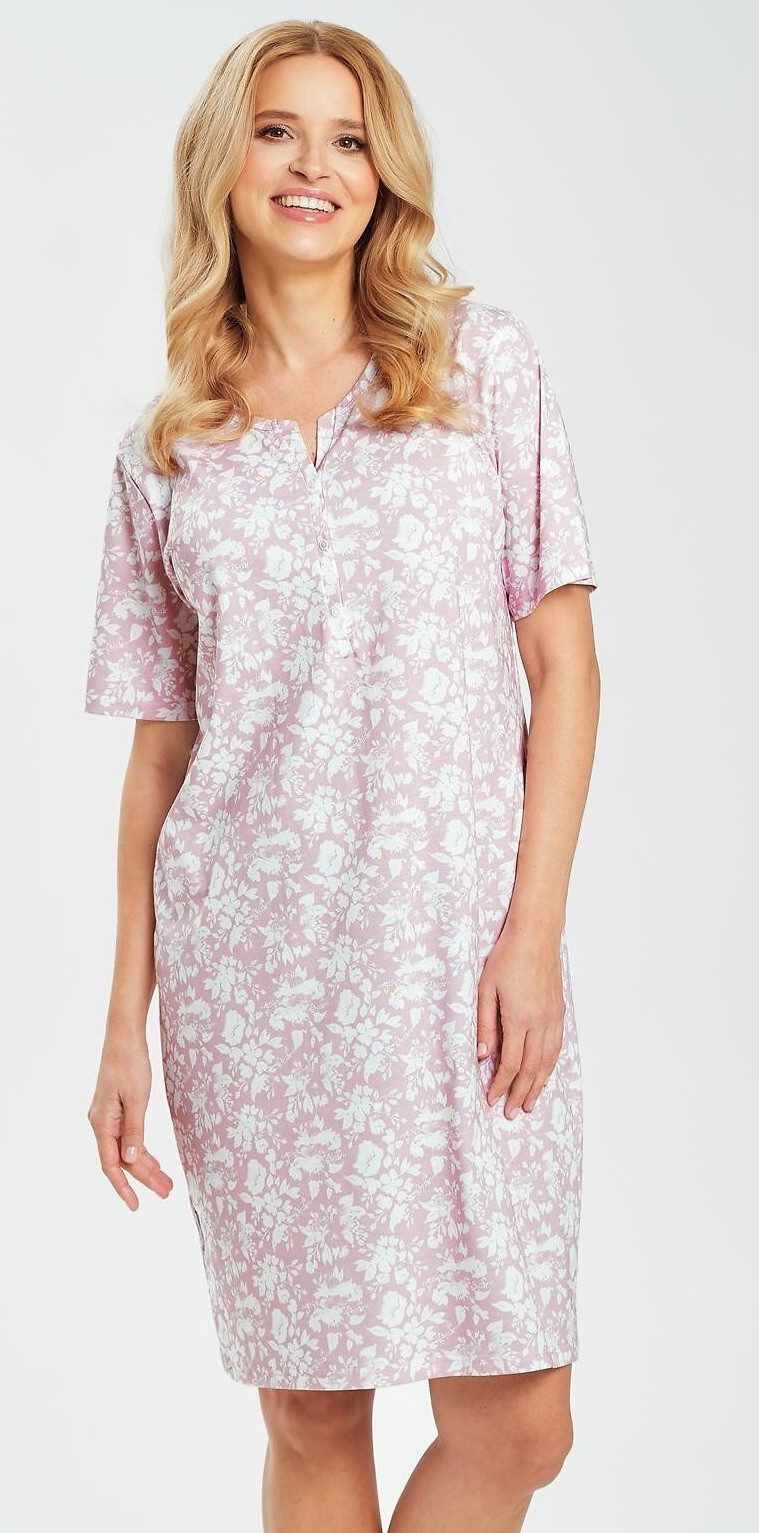 Taro Nachthemd mit floralem Print, Kurzarm und Druckknopf-Ausschnitt