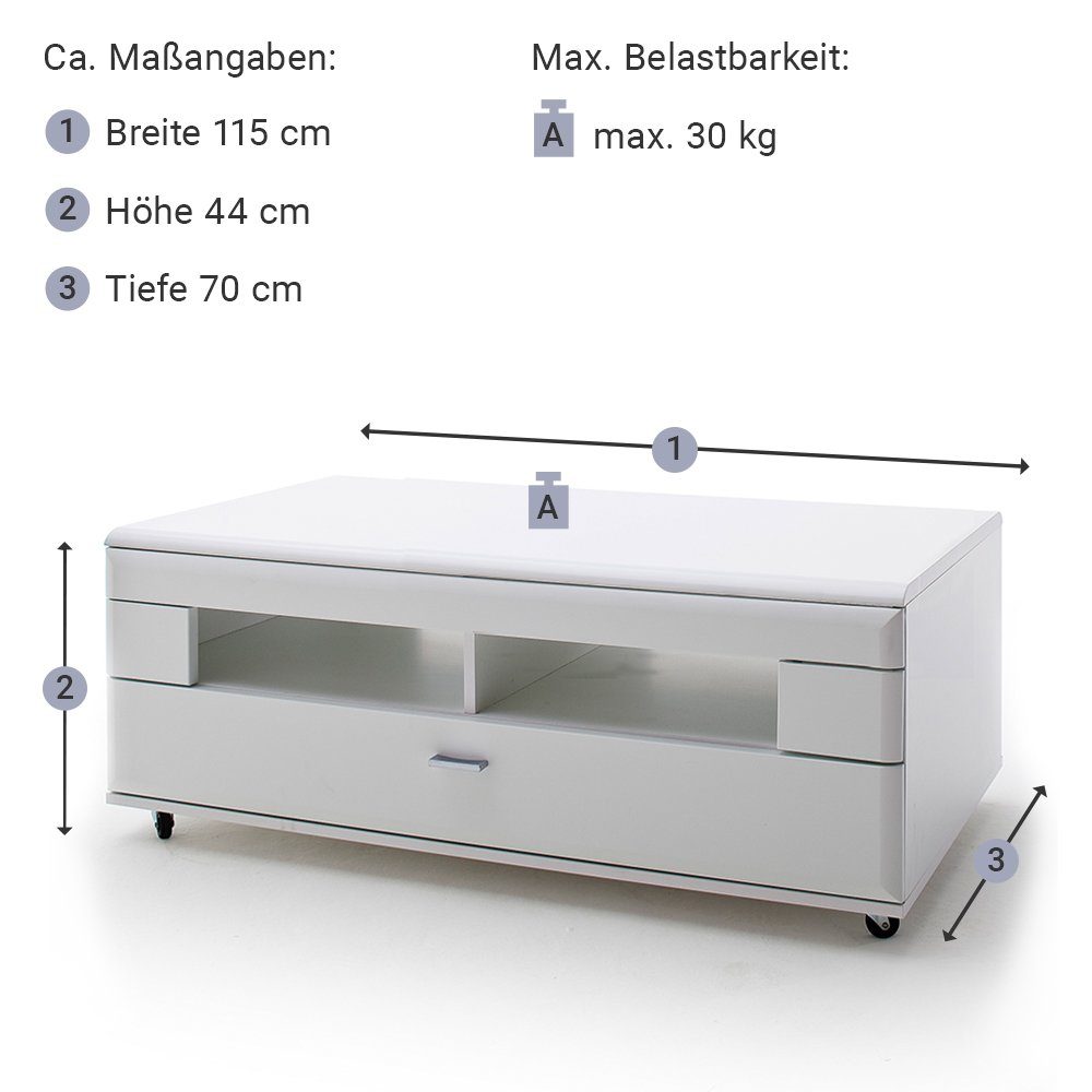 Wohnzimmertisch, modern, Lomadox mit Schublade, cm, Tisch Couchtisch weiß matt, 115 ALIA-05,