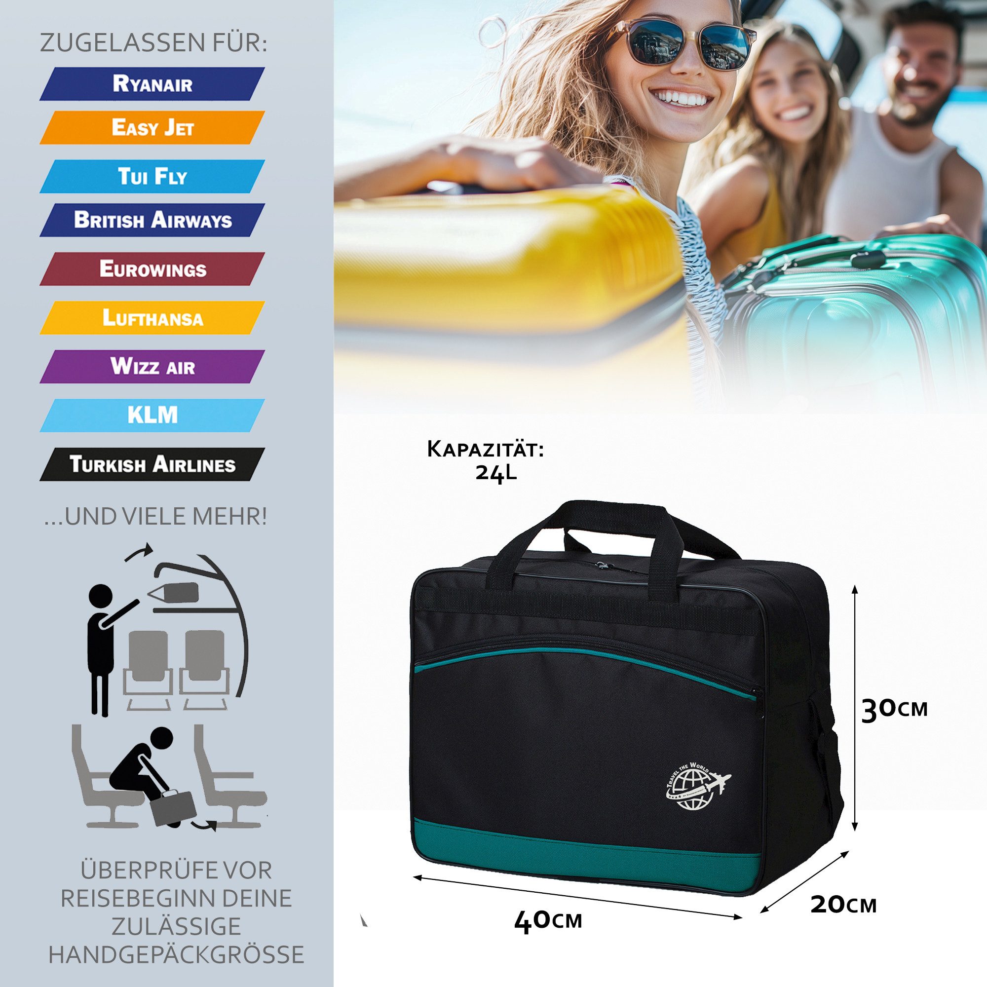 BambiniWelt by Rafael K. Reisetasche Handgepäck Boardgepäck Bordcase 40x20x25 40x30x20 Ryanair Wizzair (M1), wasserabweisend