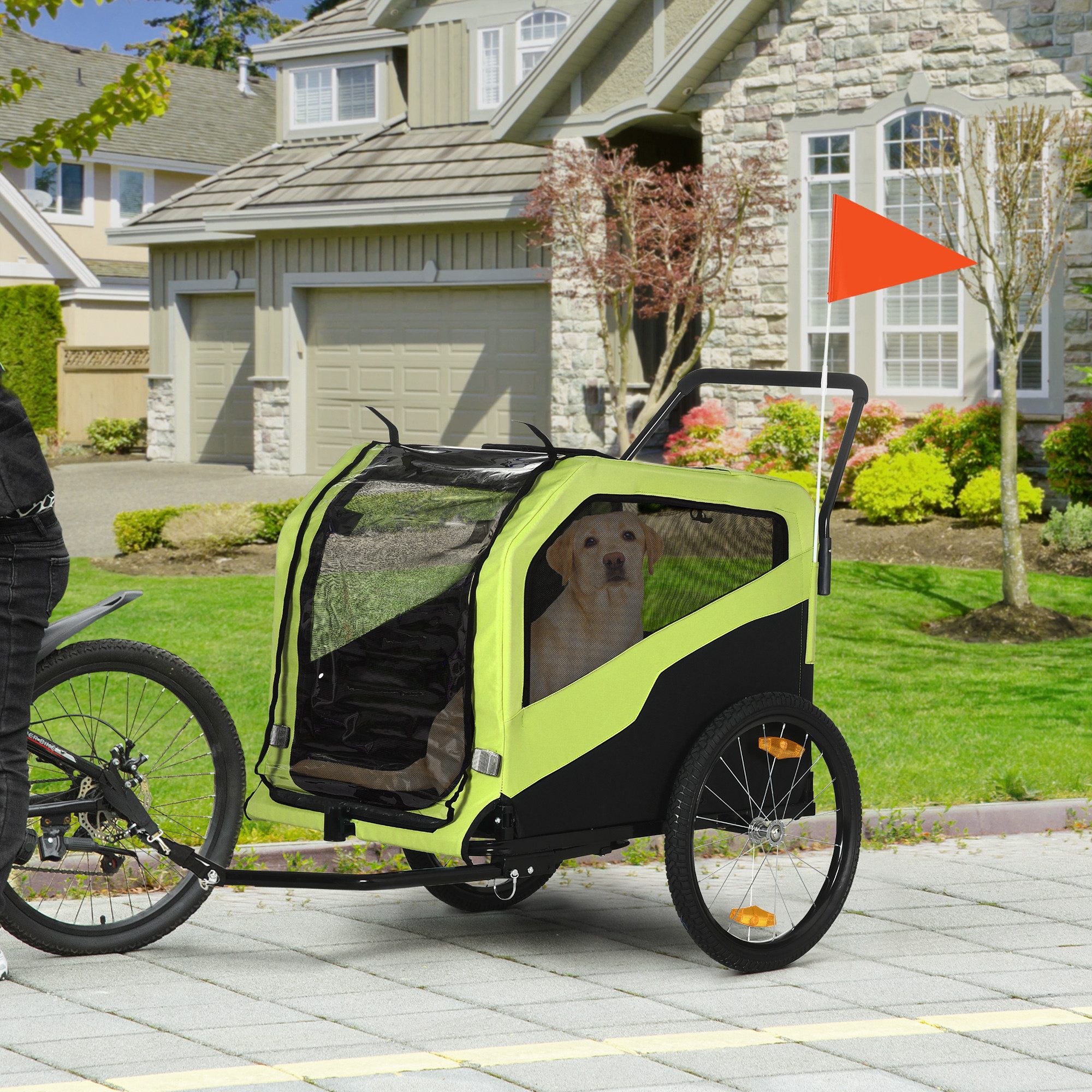 PawHut Fahrradhundeanhänger 2-in-1 Hundeanhänger, Hundewagen mit Reflektoren, max. 30 kg, Hundefahrradanhänger für Große Hunde, Oxford-Gewebe, Grün