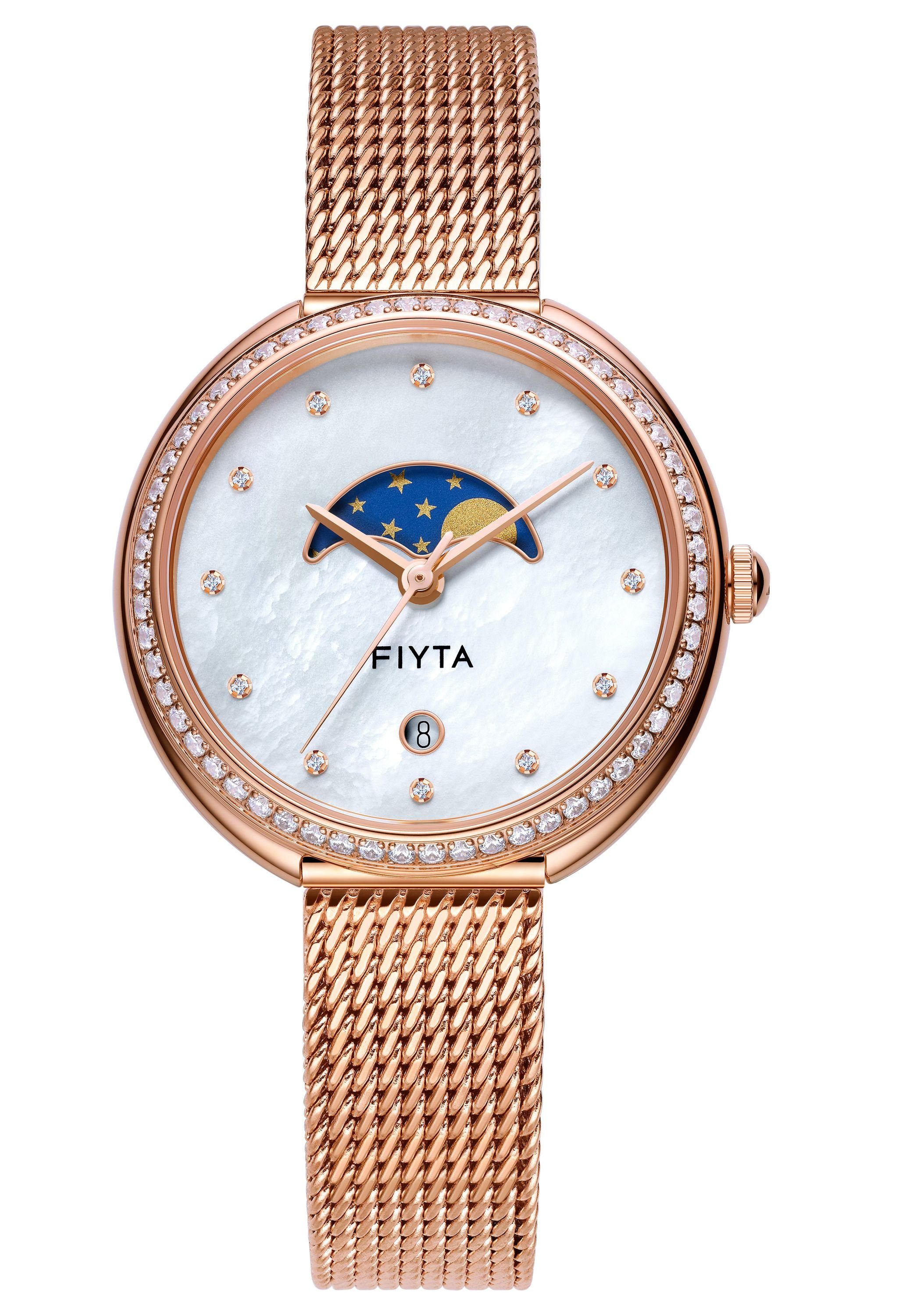 FIYTA Quarzuhr L865005.PWPD mit Mondphase Milanaise-Armband, Datum, Fancy und
