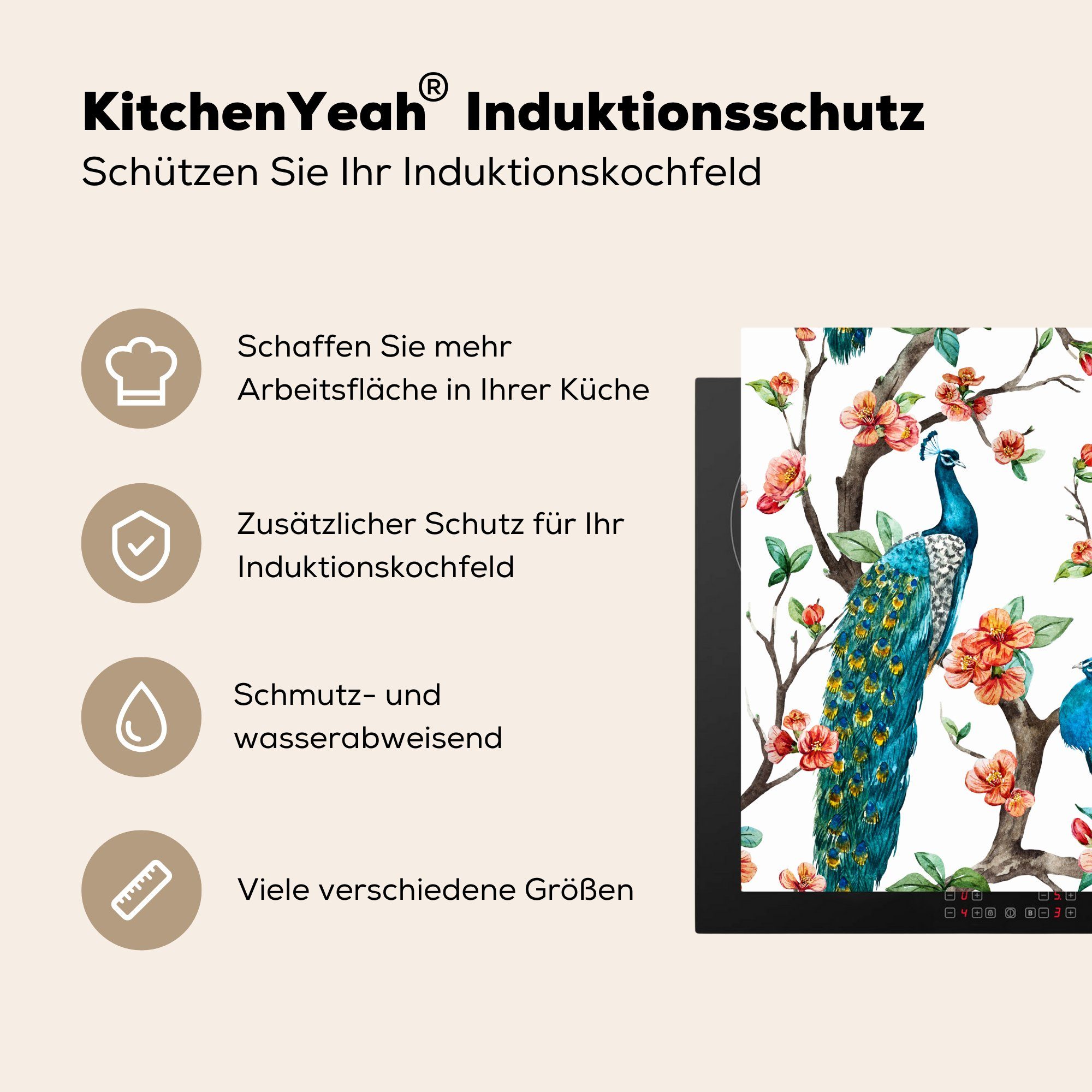 MuchoWow Herdblende-/Abdeckplatte Vinyl, für Pfau Blüte, 78x78 Arbeitsplatte - küche - (1 Muster tlg), Ceranfeldabdeckung, cm