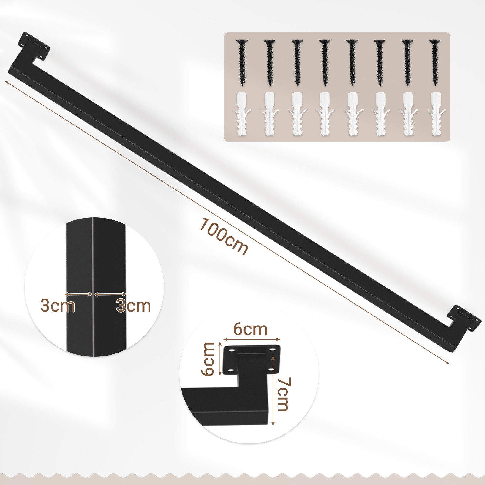 Clanmacy Treppengeländer 100 cm Schwarz, aus Eisen, 30 x 30 mm, einteilig, für Treppe und Flur