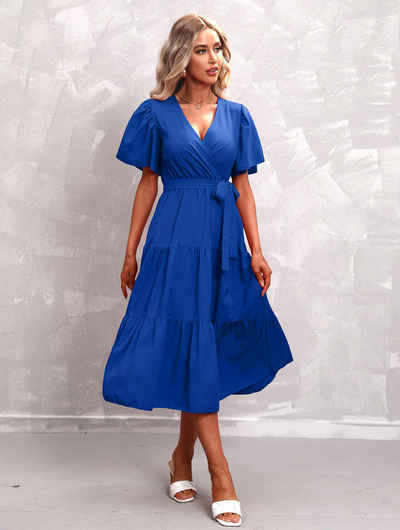 BlauWave Dirndl Unifarbenes Kleid mit V-Ausschnitt und kurzen Ärmeln (Bequem und langlebig, 1-tlg., Für den Alltag unterwegs) Rüschenkleid zum Schnüren für Frauen