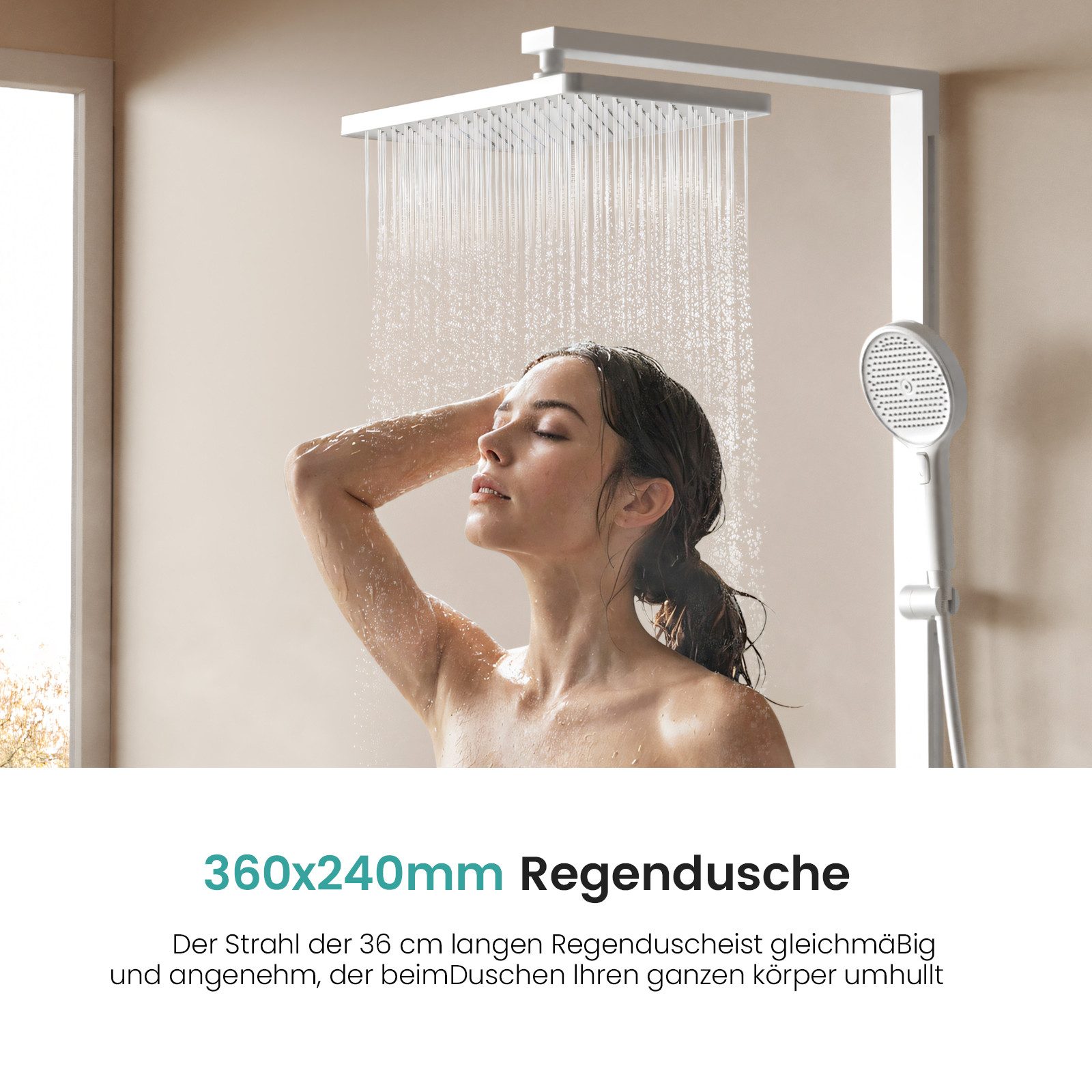 EMKE Duschsystem mit 40cm Glas Thermostat Ablage Home Duschstange aus Messing Set, Höhe 110 cm, 4 Strahlart(en), Set, Brauseschlauch,Thermostat mit Brausegarnitur und Kopfbrause, Regendusche mit Handbrause und 1,5 m Schlauch DuschsäuleSet