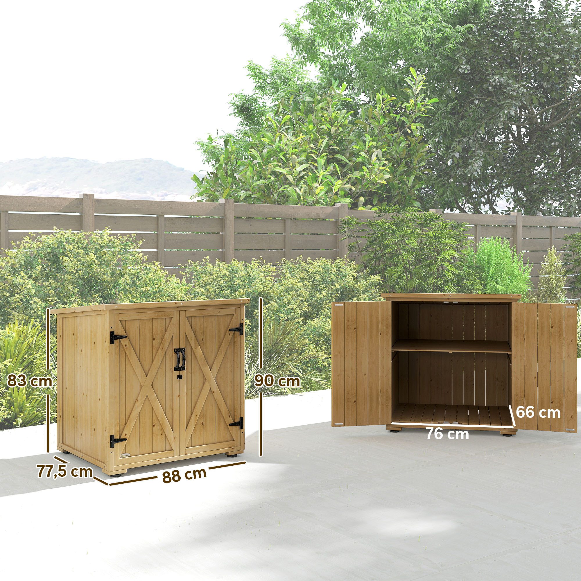 Outsunny Garten-Geräteschrank Gartenschrank, Wetterfester Geräteschuppen mit Doppeltür, BxT: 77.5x88 cm, (Gartenschuppen, 1 St., Holzschrank), für Garten, Balkon, Natur, 77,5 x 88 x 90 cm