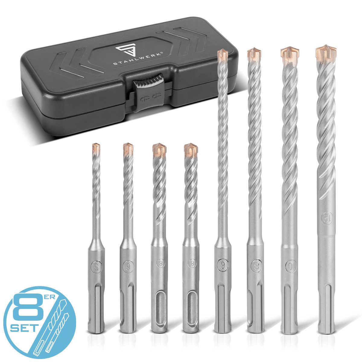 STAHLWERK Bohrersatz SDS-Plus-Bohrer 8-teiliges Set – Durchmesser 5-12 mm mit Box, Schweißer-Gripzangen inklusive Transportkoffer
