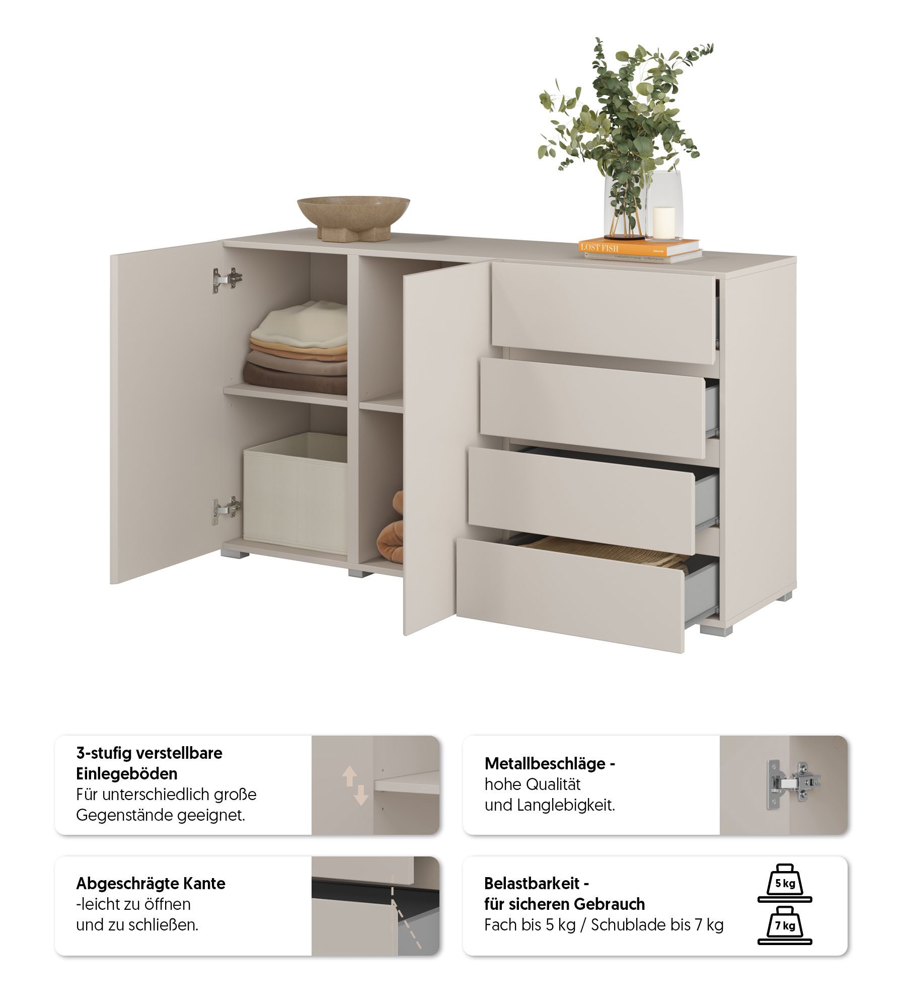OTTO home Sideboard Metric,Breite 138 cm, grifflose Kommode 2 Türen/4 Schubkästen, Schubladenschrank mit viel Stauraum, Einlegeböden verstellbar