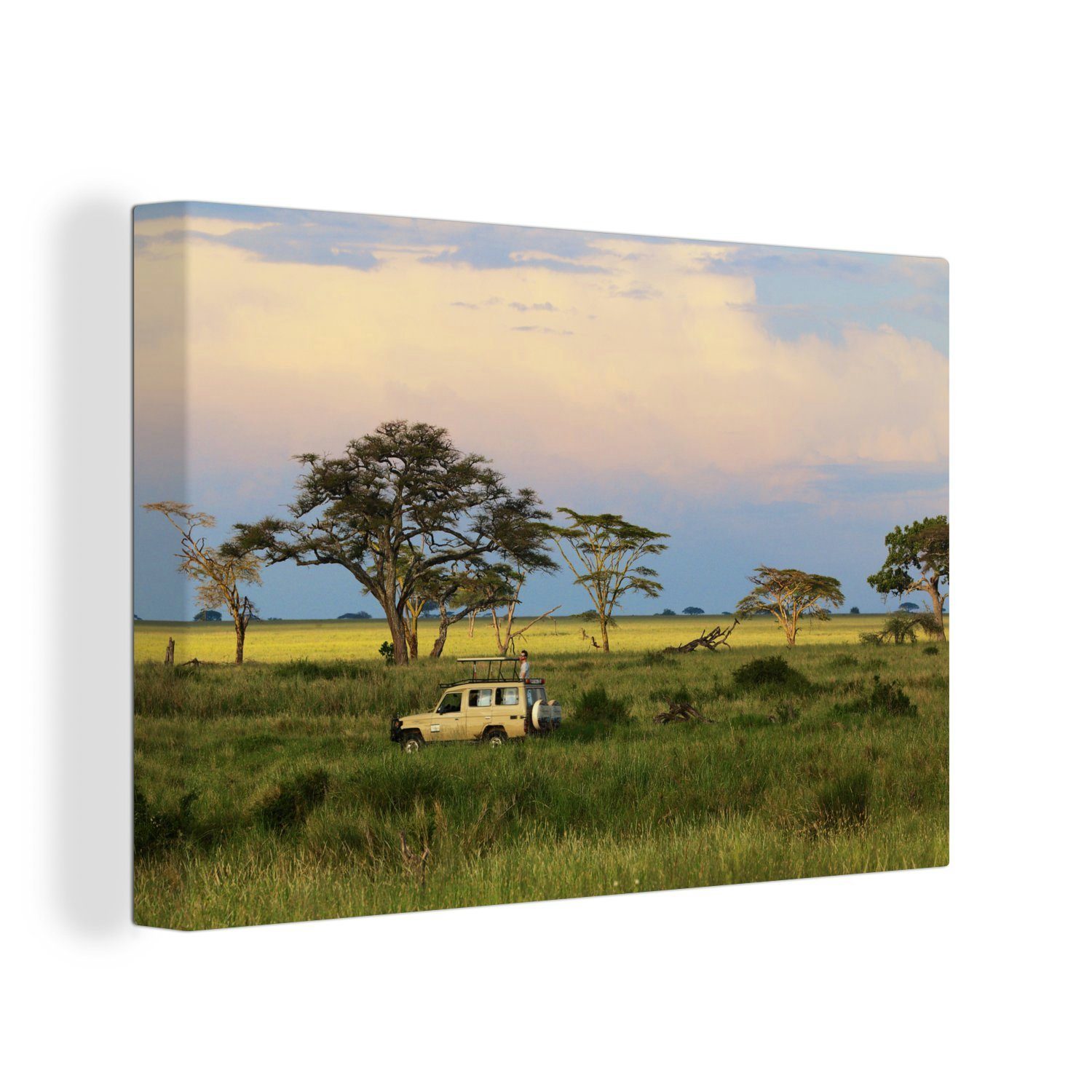 OneMillionCanvasses® Leinwandbild Fahrt im Safari-Auto durch den Serengeti-Nationalpark in Afrika, (1 St), Wandbild für alle Wohnbereiche, Gemälde, XXL, großes, 120x80 cm