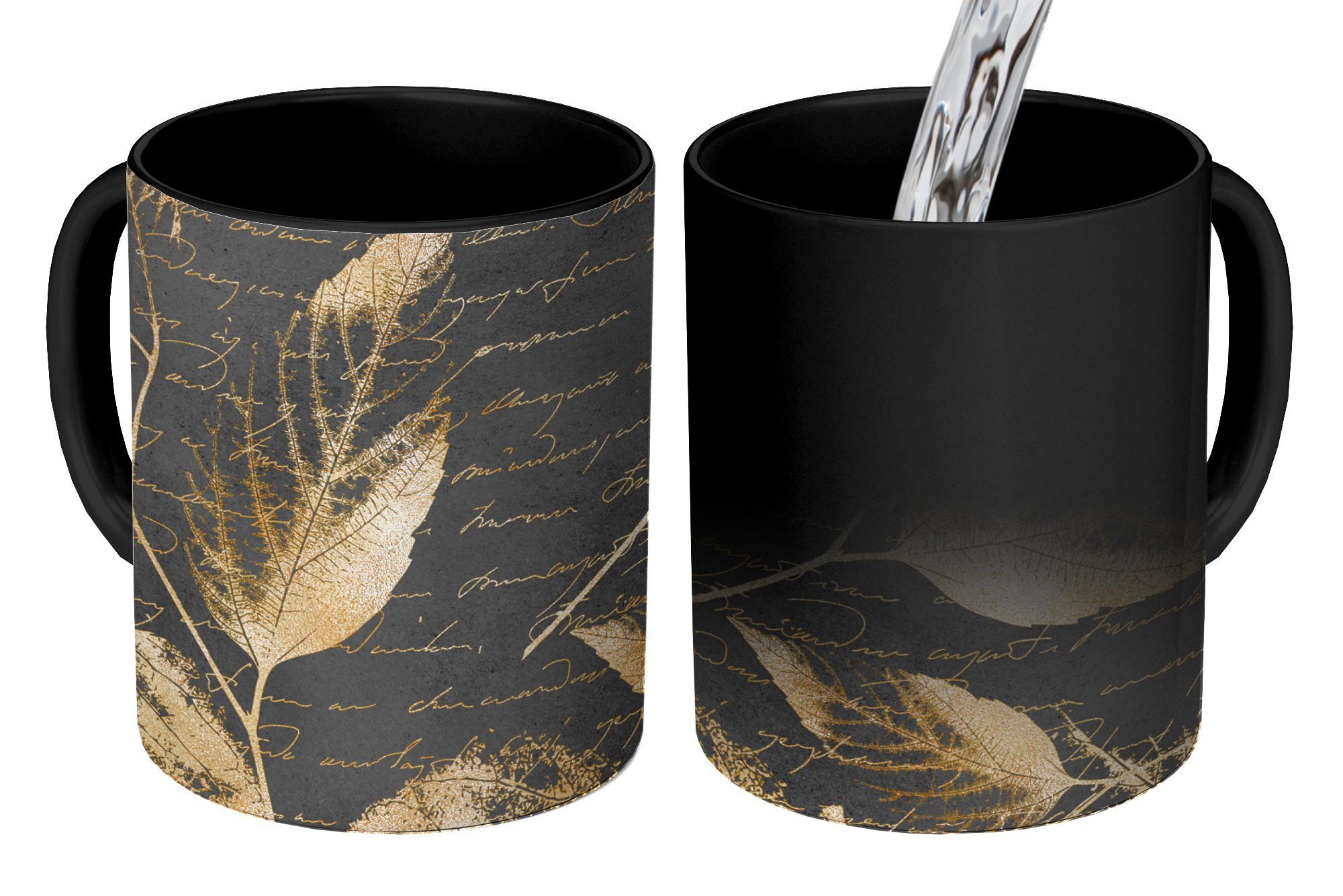 - Zaubertasse, Keramik, Kaffeetassen, MuchoWow - Blätter Geschenk Gold Schwarz, Teetasse, Farbwechsel, Tasse