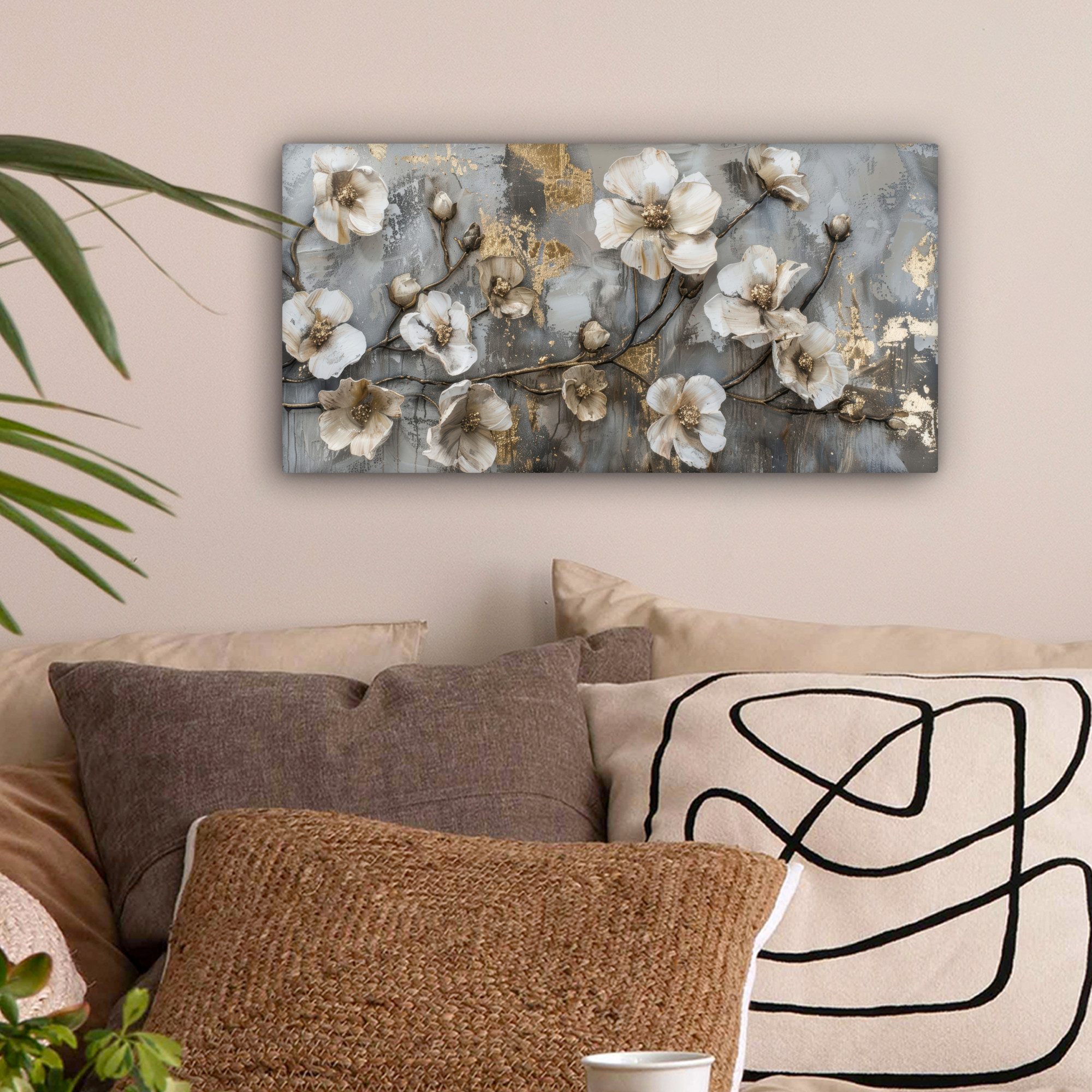 OneMillionCanvasses® Leinwandbild Panorama Blumen - Weiß - Grau - Gold - Lu günstig online kaufen