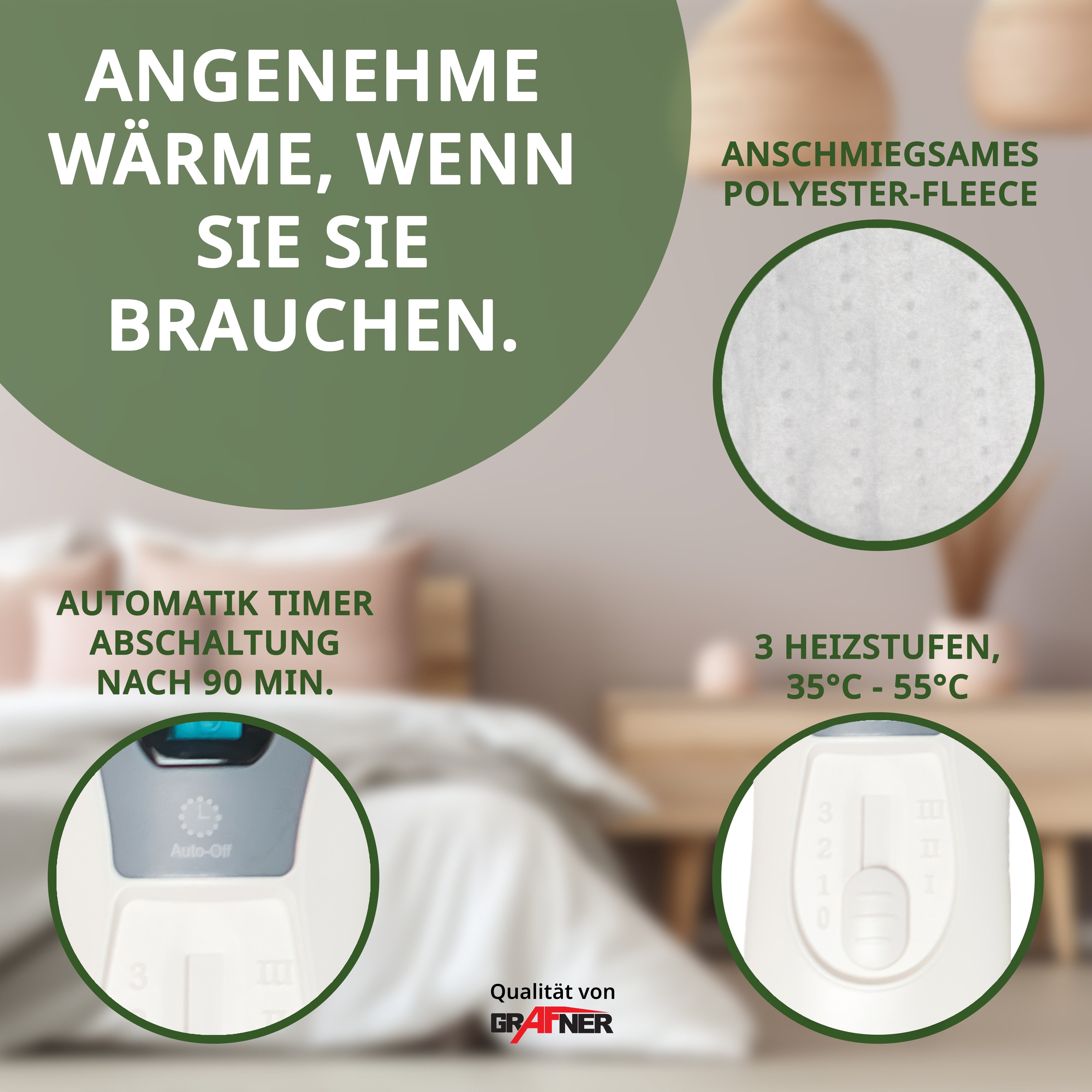 Grafner Wärmeunterbett Wärmeunterbett Polyester elektro Heizzonen Heizdecke, regelbare Temperaturstufen, LCD-Display, Heizzonen