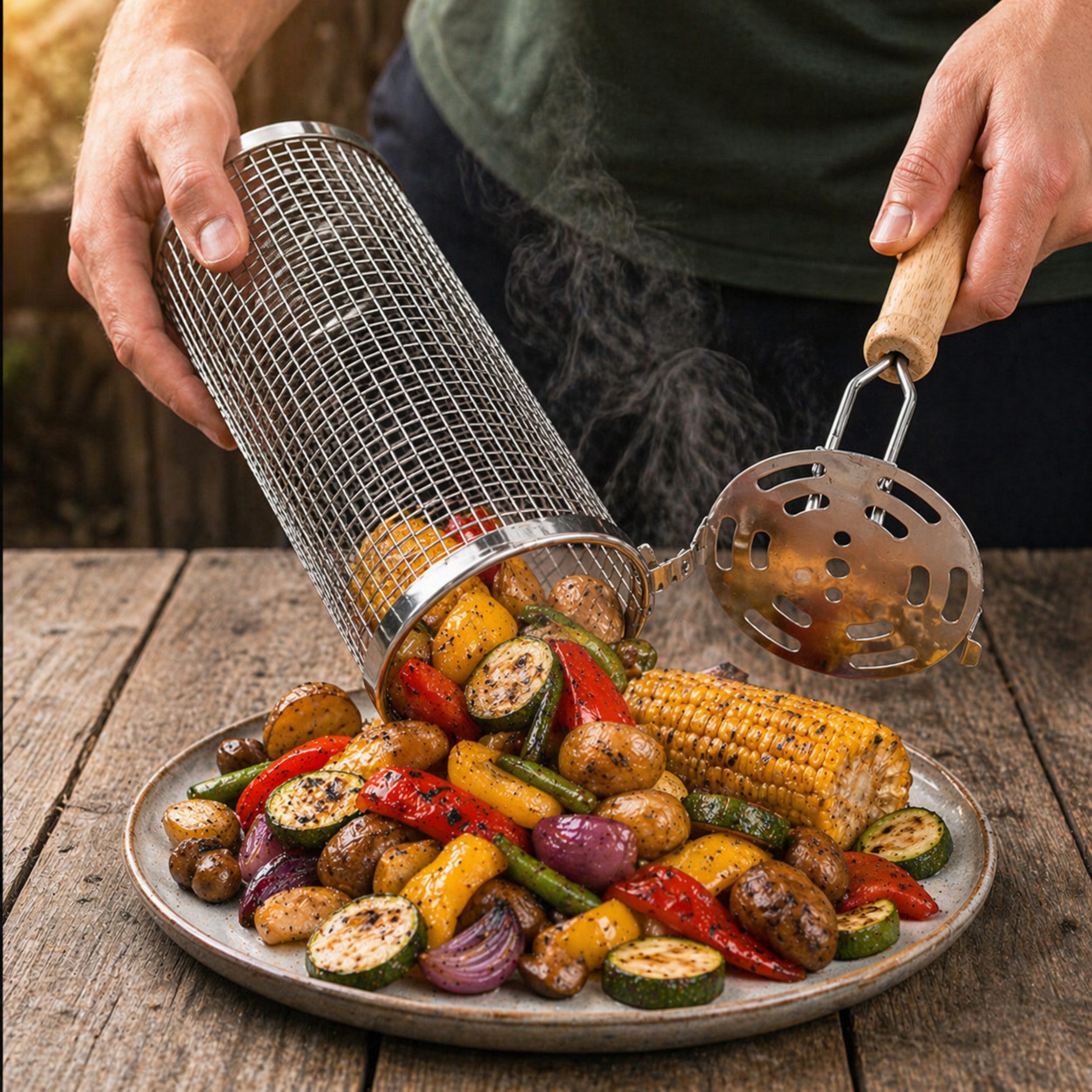 Grill-Welten Grillbesteck-Set Grill Welten Grillkorb Edelstahl BBQ Grillkorb 20 cm mit Holzgriff – Bild 2 von 5
