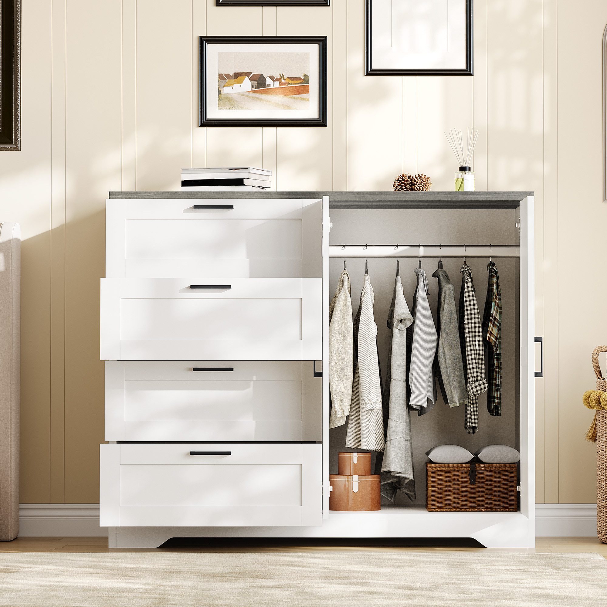 GarveeMore Kleiderschrank Niedriger Sideboard mit 2 Türen & 4 Schubladen, Weiß & Braun (120×50×110 cm) Kippsicherung, Metallgriffen, viel Stauraum für Schuhe, Kleidung, Hüte