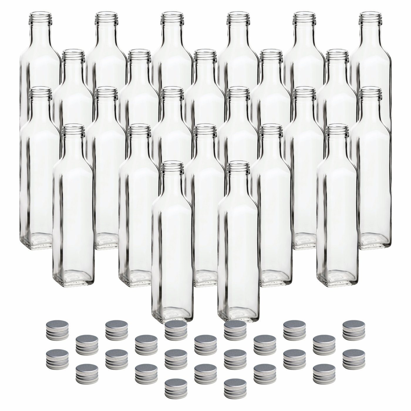 gouveo Trinkflasche Glasflaschen 250 ml Maraska mit Schraub-Deckel - Leere Likörflasche, 24er Set, silberfarben
