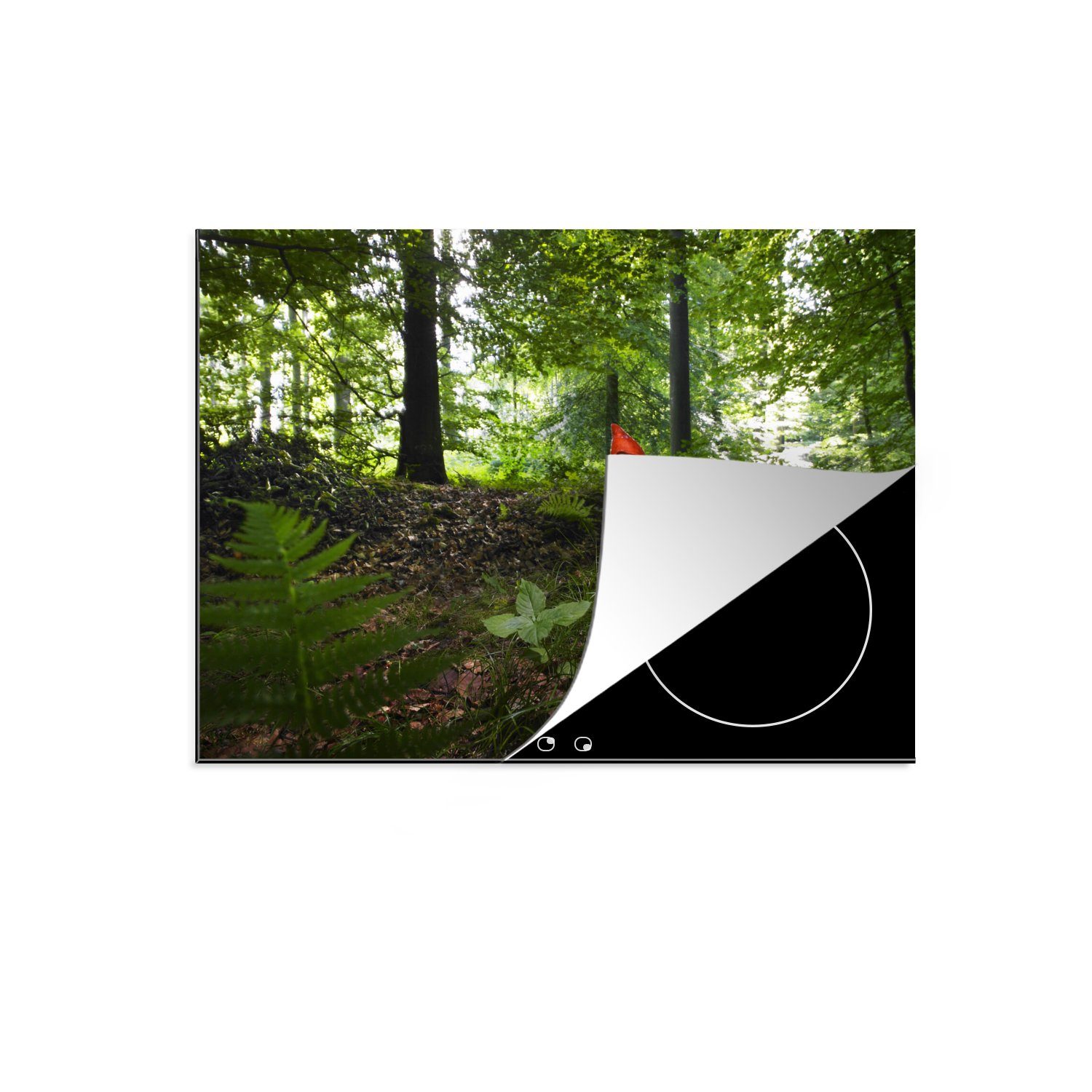 MuchoWow Herdblende-/Abdeckplatte Suche nach einem Gnom im Wald, Vinyl, (1 tlg), 70x52 cm, Mobile Arbeitsfläche nutzbar, Ceranfeldabdeckung