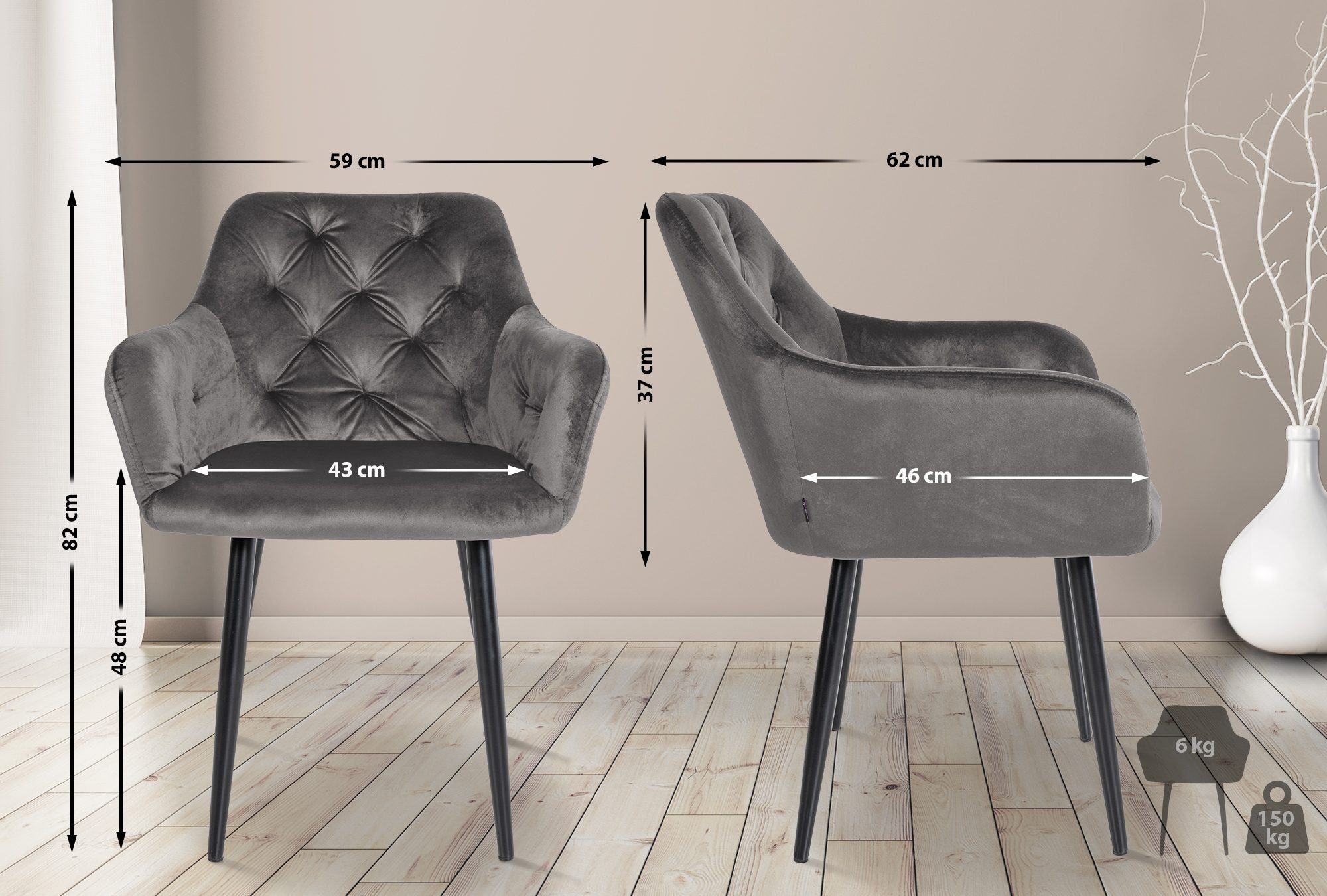 Esszimmerstuhl CLP Metallgestell Polsterung, Set), (2er 2er Stanley Set gesteppte dunkelgrau