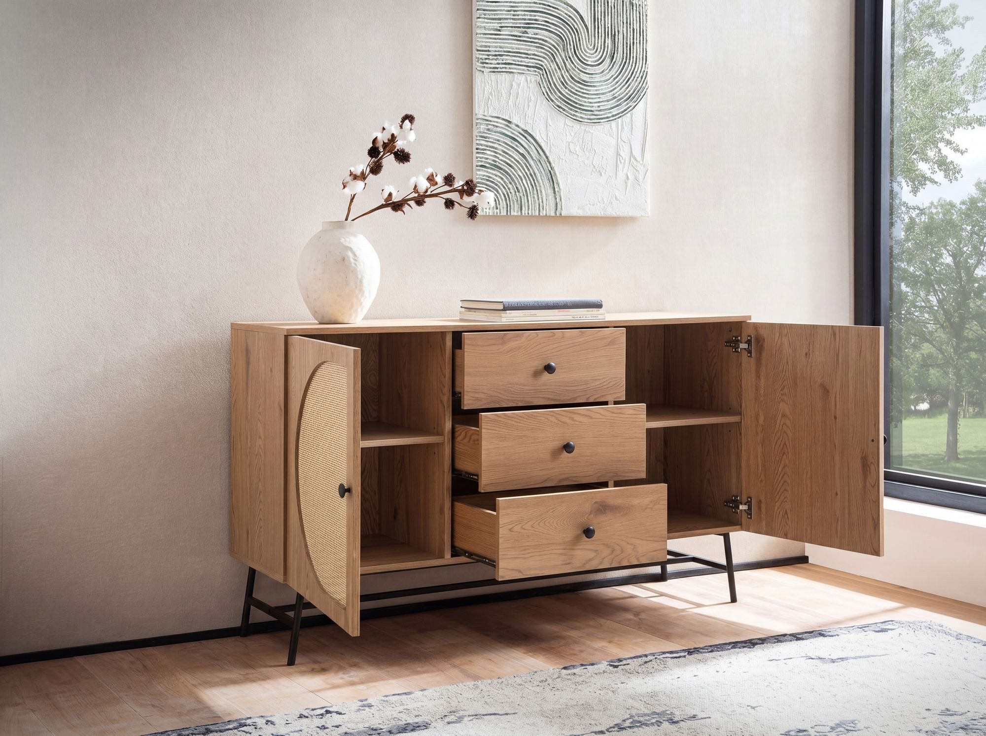 FINEBUY Sideboard FB103436 in Eiche Dekor 140 cm Kommode mit 2 Türen & 3 Schubladen (140x80x40 cm Anrichte, Eiche-Dekor Rattangeflecht), Kommode Türen & Schubladen, Hoher Kommodenschrank