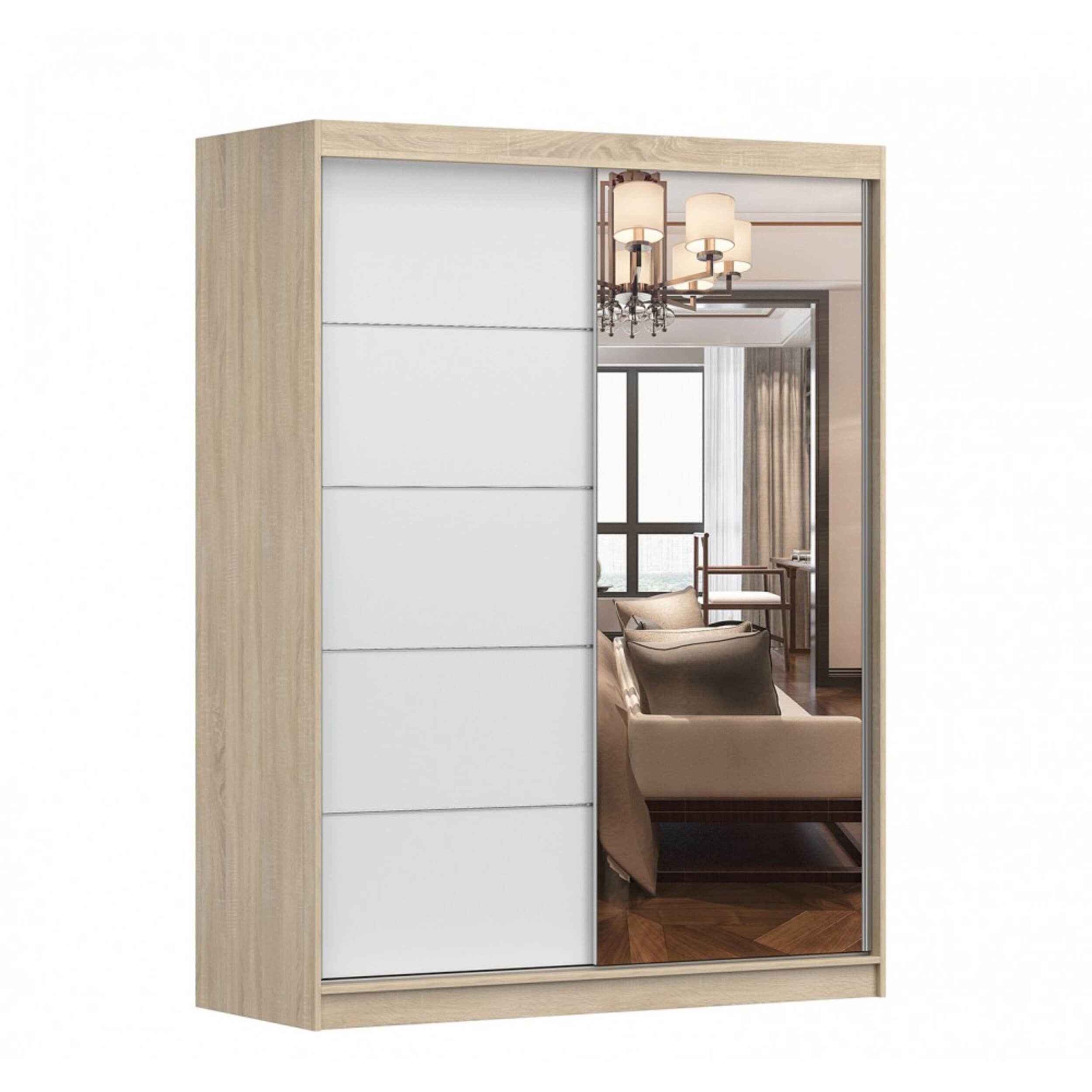 MOEBLO Kleiderschrank LARA 05 (mit Spiegel Schwebetürenschrank 2-türig Schrank mit vielen Einlegeböden und Kleiderstange, Gaderobe Schiebtüren Schlafzimmer-Wohnzimmerschrank Modern Design), (BxHxT): 150x200x61 cm Weiß | Sonoma