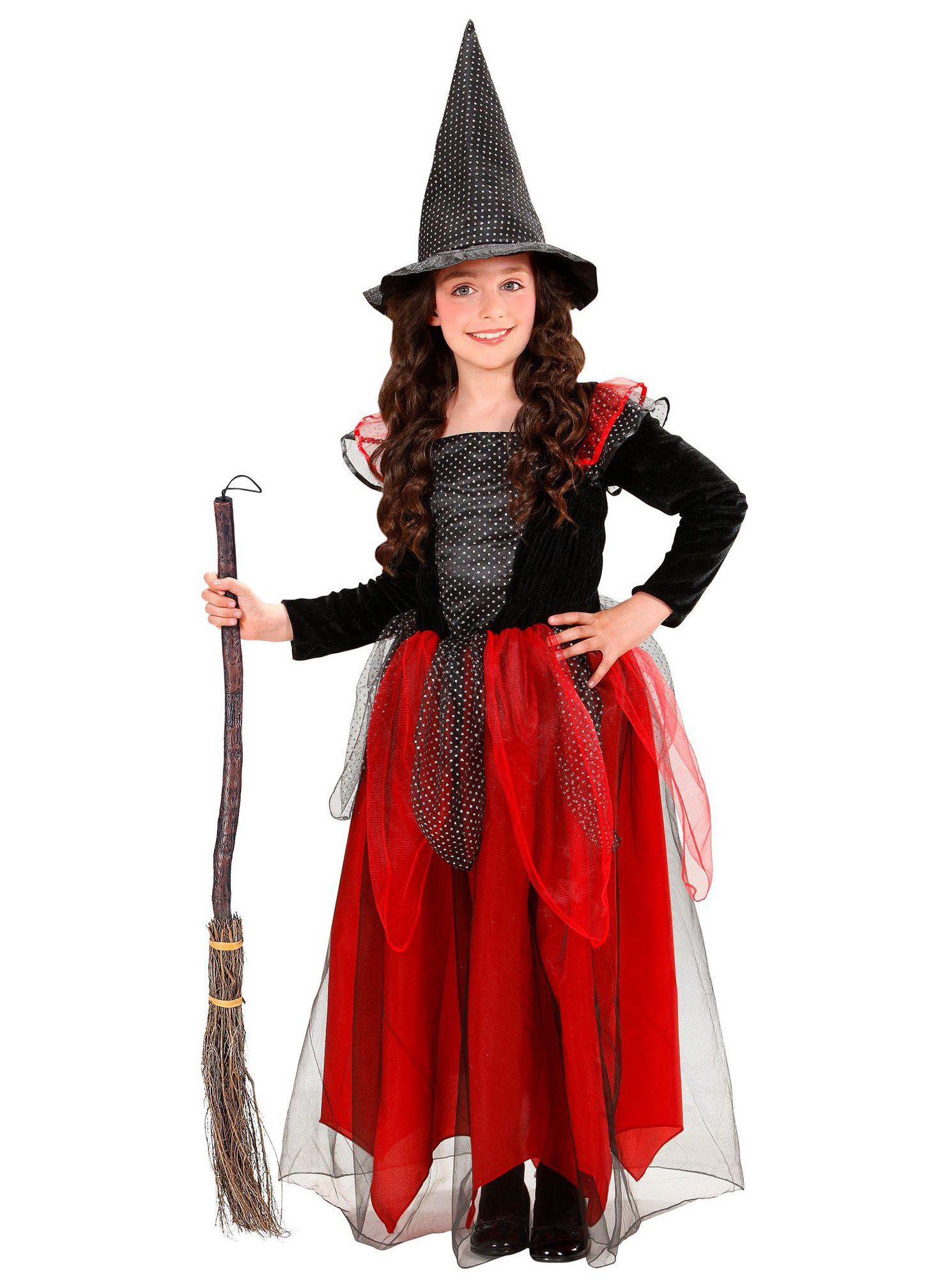 Widdmann Hexen-Kostüm Gifthexe - Halloween Kostüm Kinder Mädchen, Mit rotem und scharzem Netzstoff besetztes Hexenkostüm für Halloween