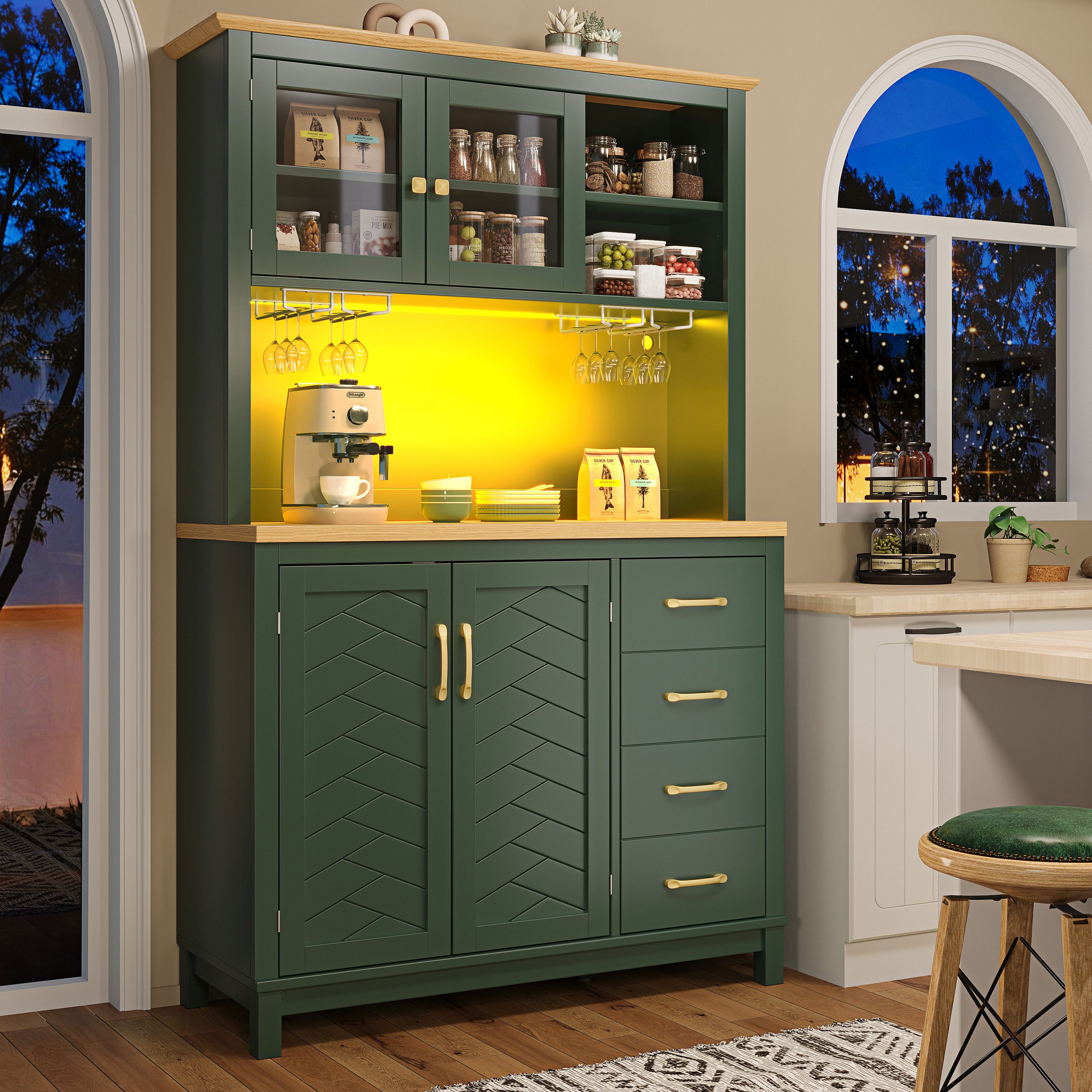 i@home Hochschrank Küchenschrank Landhausstil, 4 Türen, mit LED-Lichtleiste & Getränkehaltern