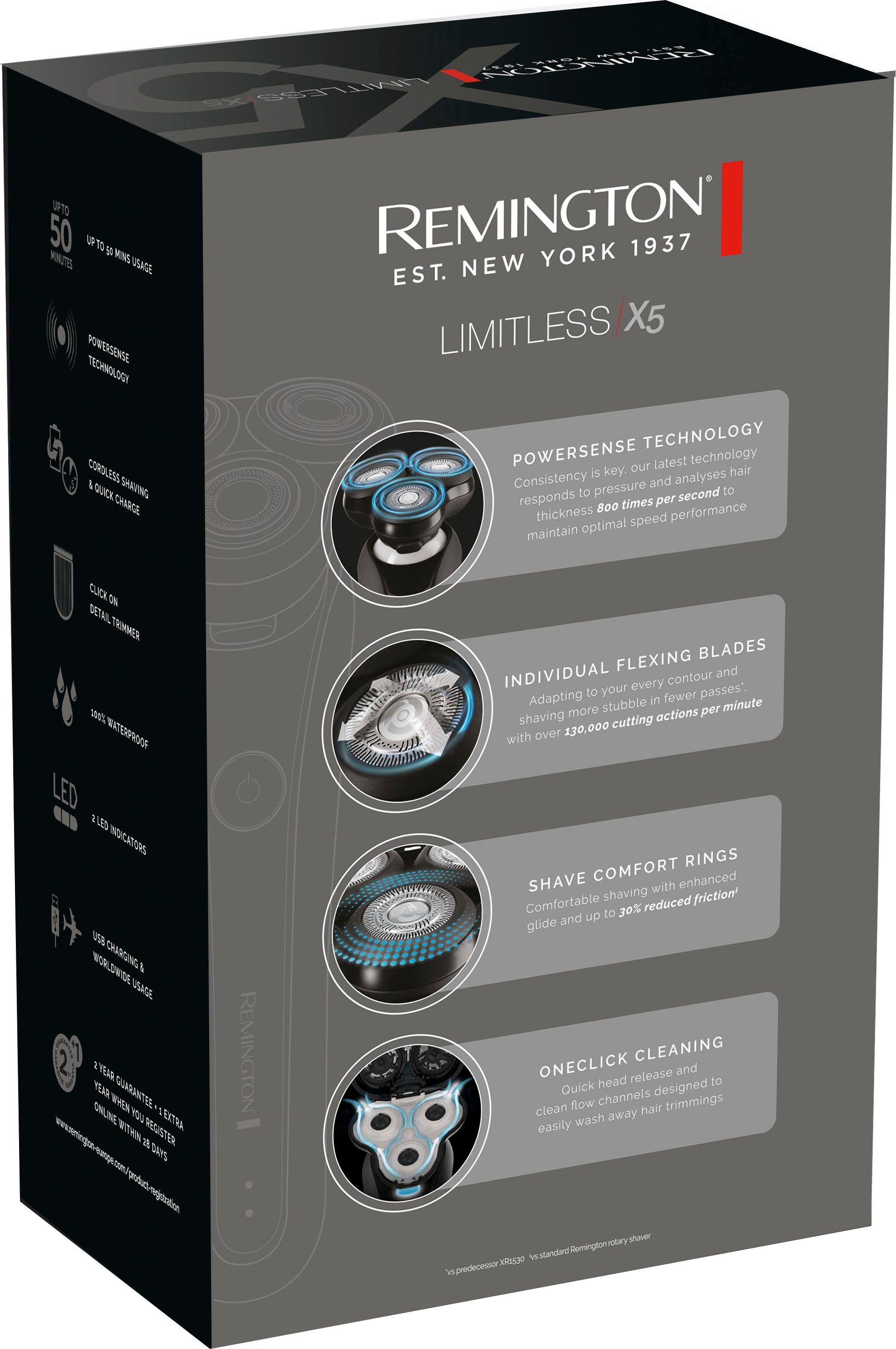 Remington Elektrorasierer Rotationsrasierer X5 Drehgelenk, Limitless 360° akkubetrieben 1, Aufsätze: PivotBall XR1750, min) Nass-&Trockenrasur, (50