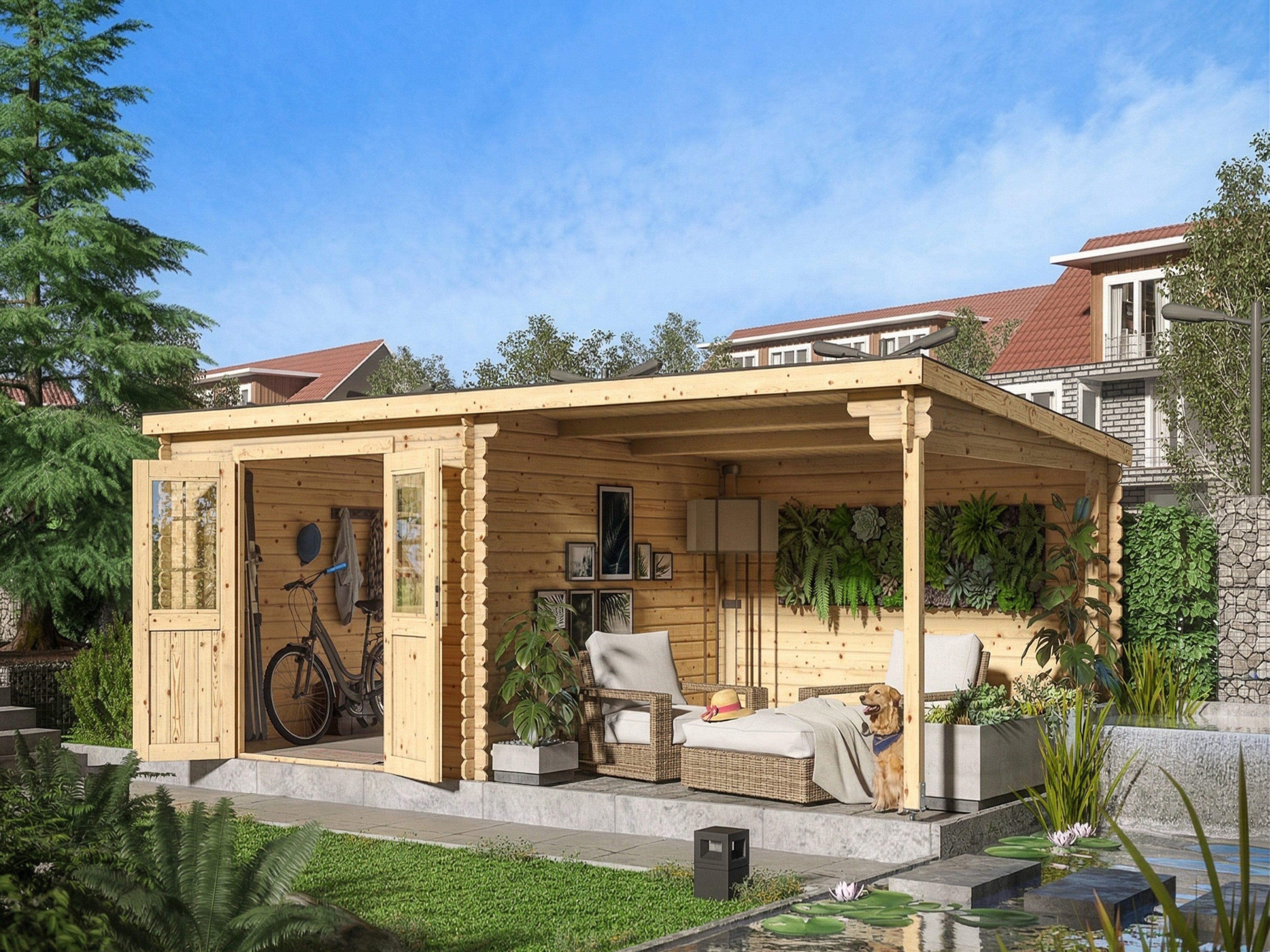 Woodtex Gartenhaus Gartenhaus Blockbohlenhaus CA2977 28 mm naturbelassen mit 3 m Anbau, BxT: 596x298 cm, Anbaudach, 28 mm Wandstärke, Doppeltür mit Echtglas-Einsätzen
